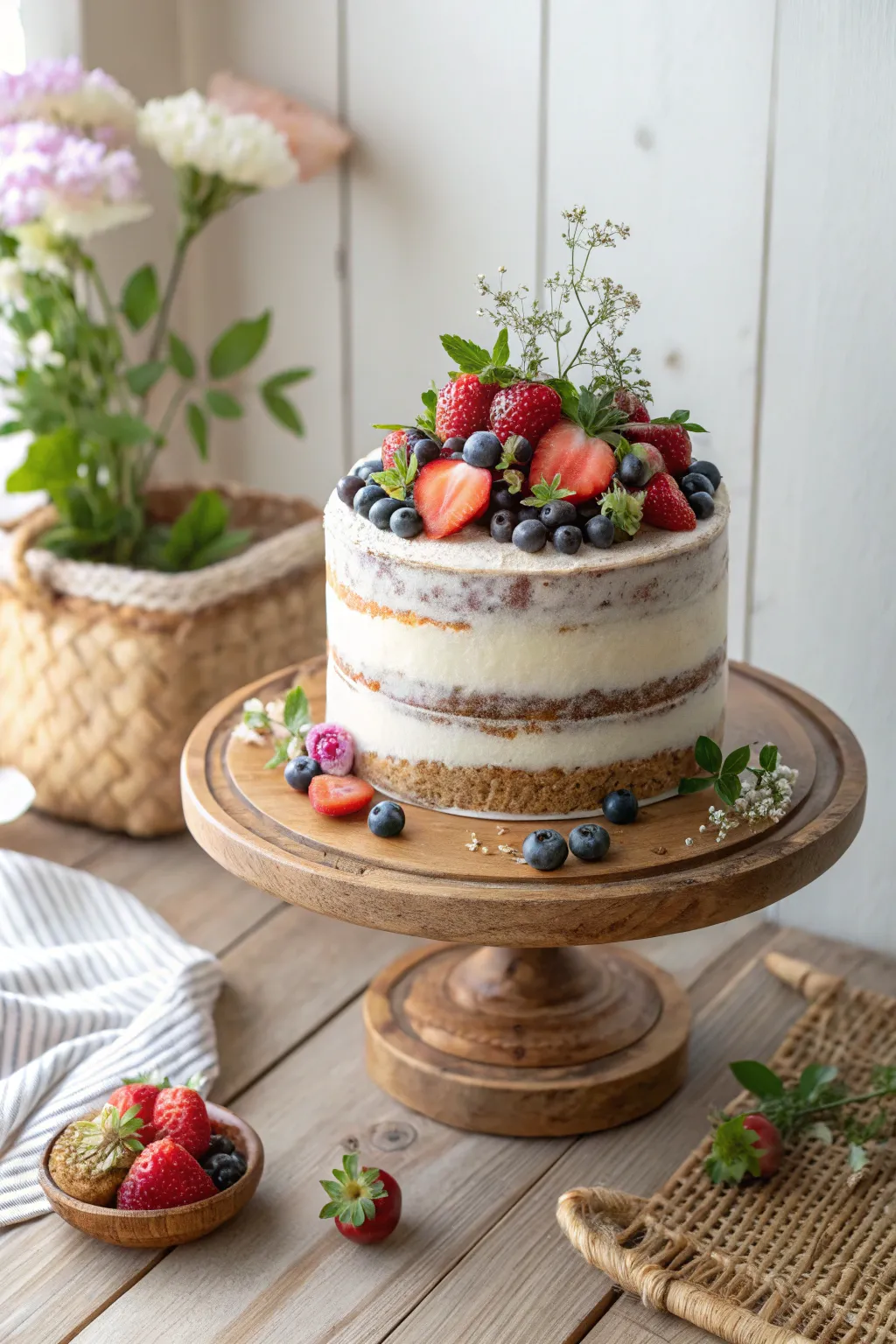 Embrace the rustic charm of spring with this beautifully decorated naked cake, perfect for a touch of nature-inspired elegance.
