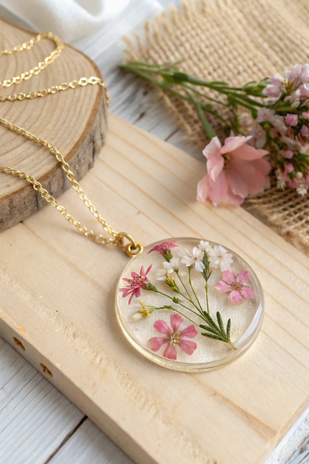 Wear the essence of spring with this exquisite floral resin necklace, where nature meets art.