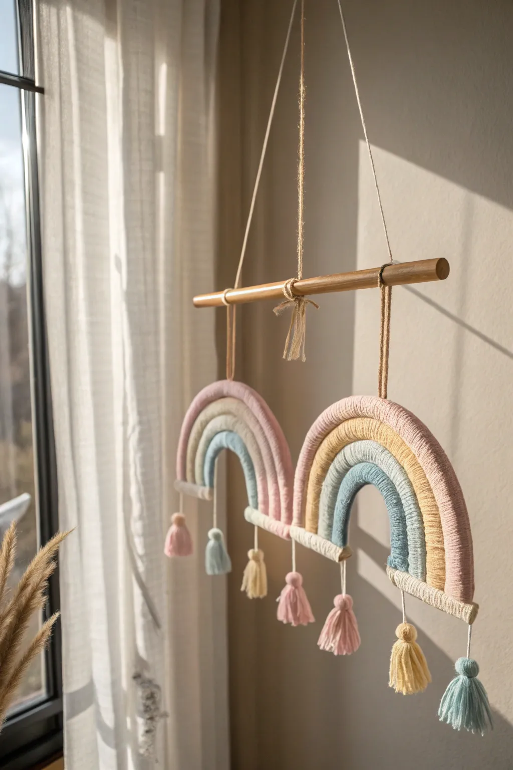 Elevate your space with a touch of handcrafted elegance: a minimalist rainbow mobile that inspires creativity and joy.