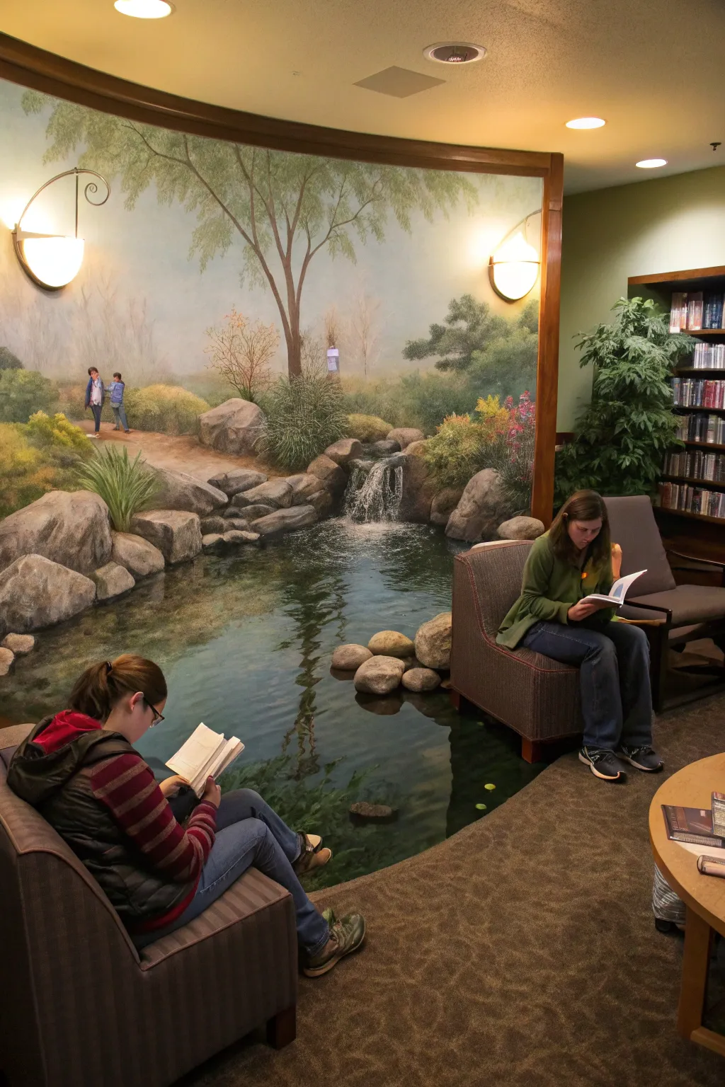 A peaceful reading alcove with a mural of a serene pond.