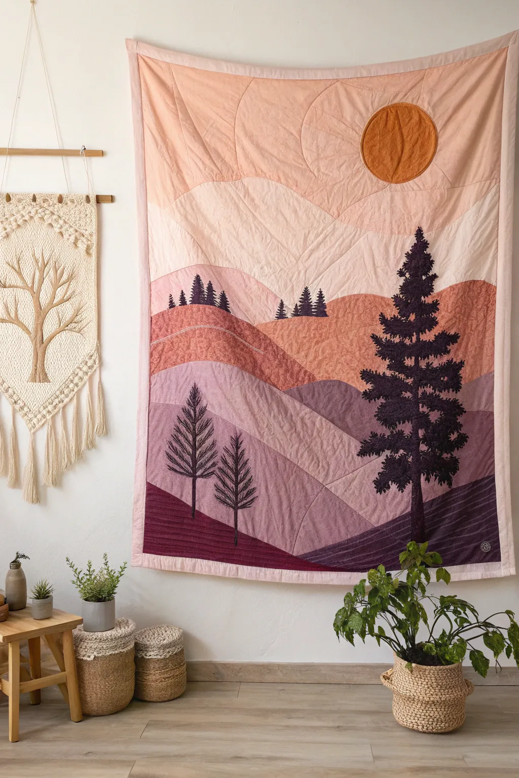 Capture the essence of spring with this serene sunset silhouette quilt, a perfect blend of Scandinavian minimalism and Boho charm.
