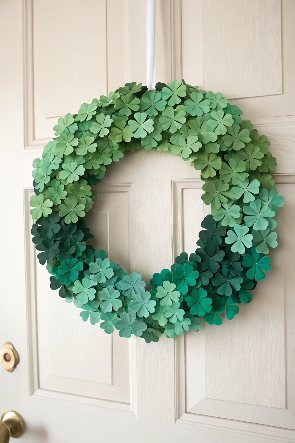 Add a touch of festive elegance to your home with this stunning ombre shamrock wreath.