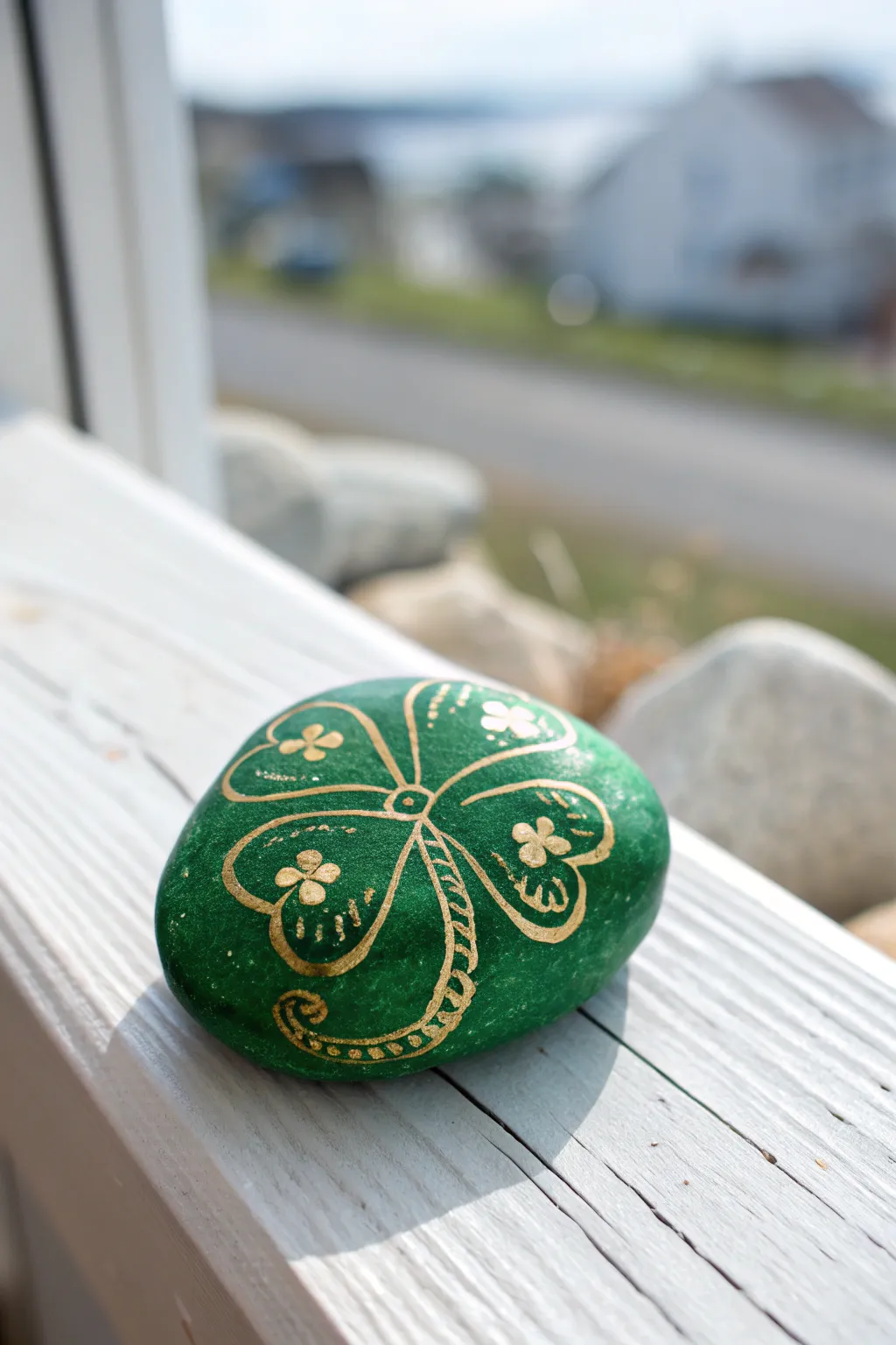Charming hand-painted shamrock stone: a touch of magic for your garden.