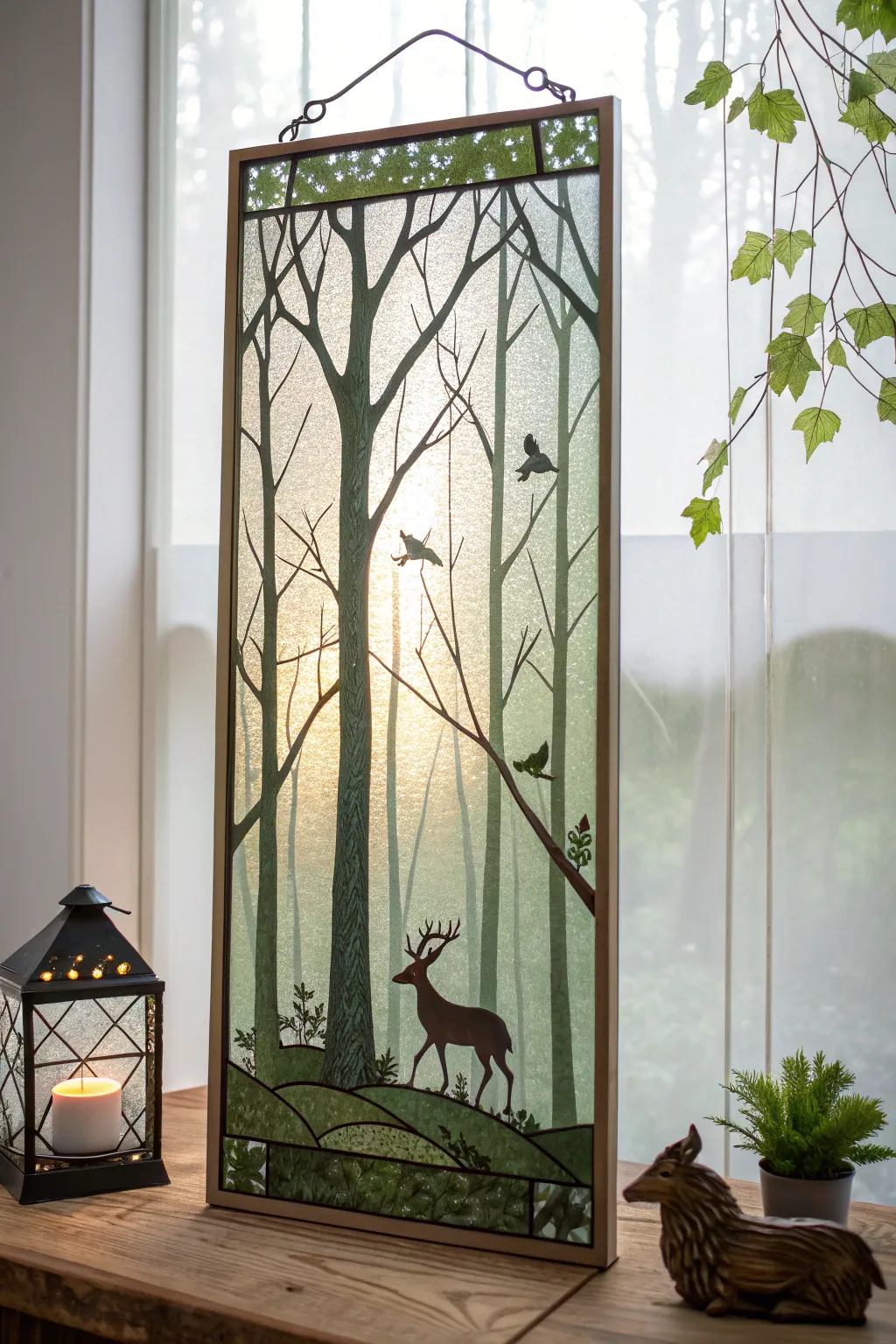 Step into a storybook with this enchanting stained glass forest scene.