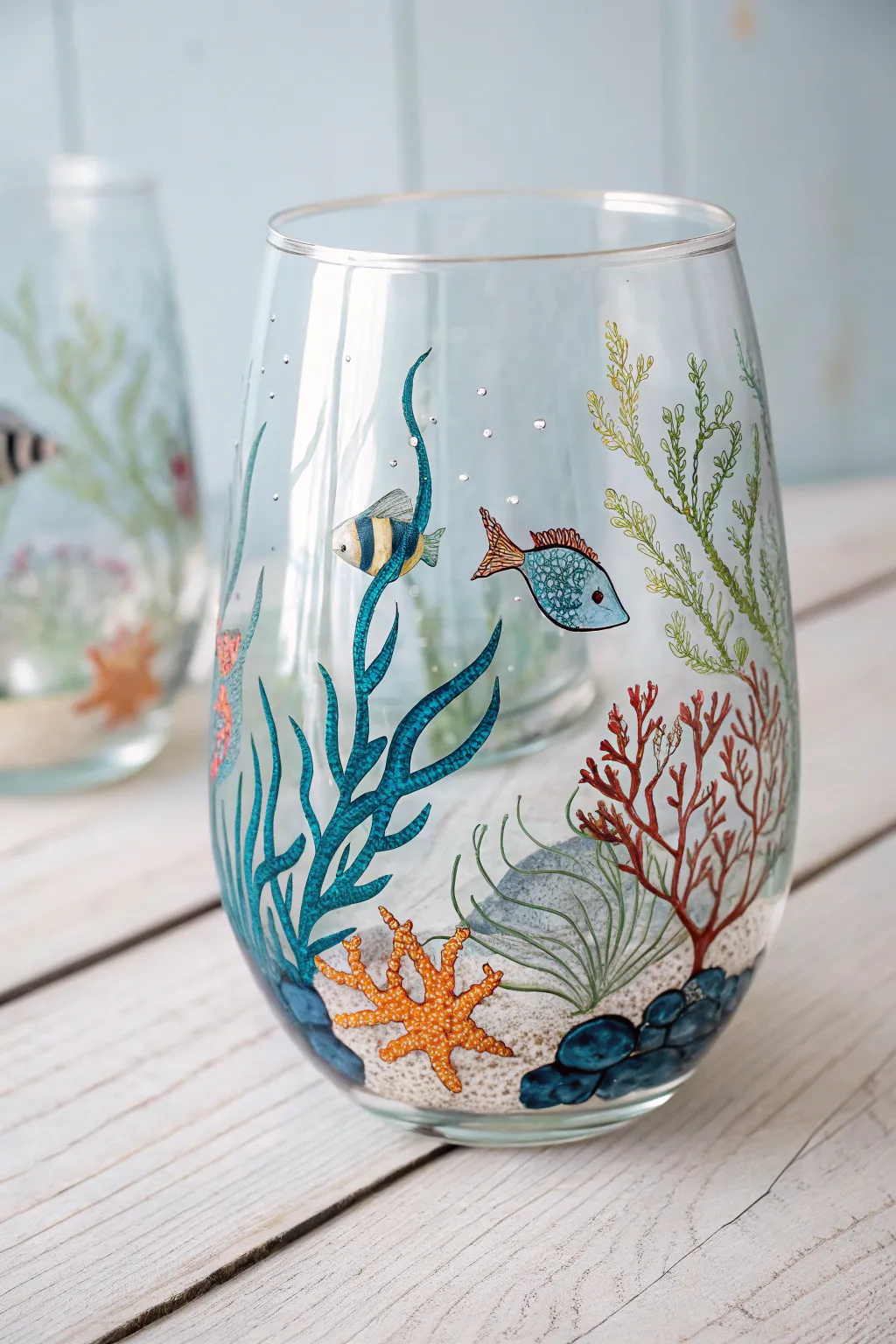 Escape into an underwater fantasy with every sip from this artfully painted wine glass.
