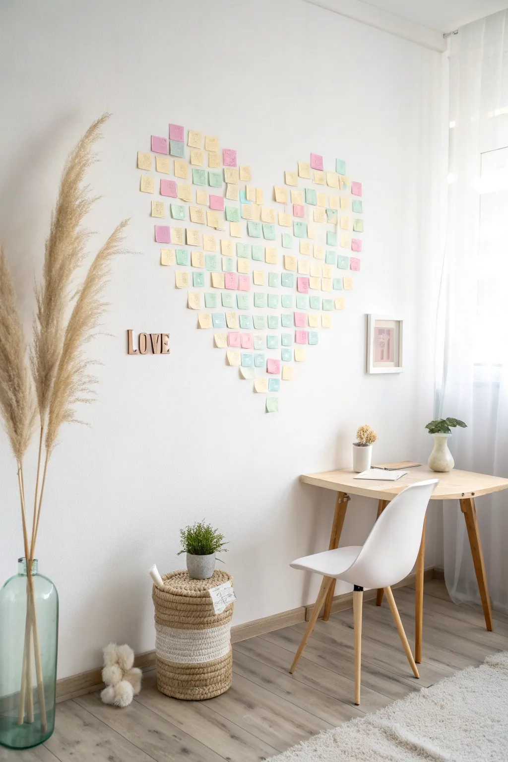 Transform your space with love: a minimalist heart of heartfelt notes.