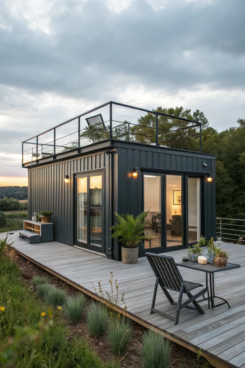A shipping container converted into a stylish tiny home with a deck.