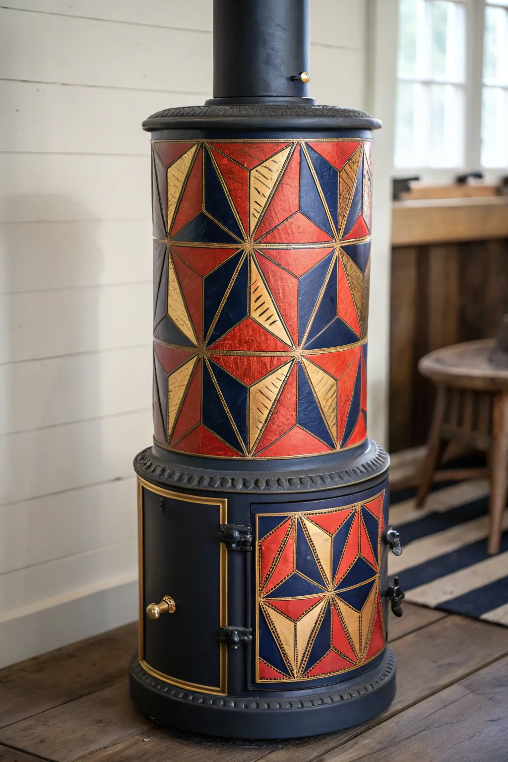 Elevate your space with a handcrafted geometric stove pipe cover that speaks to bold design and craftsmanship.