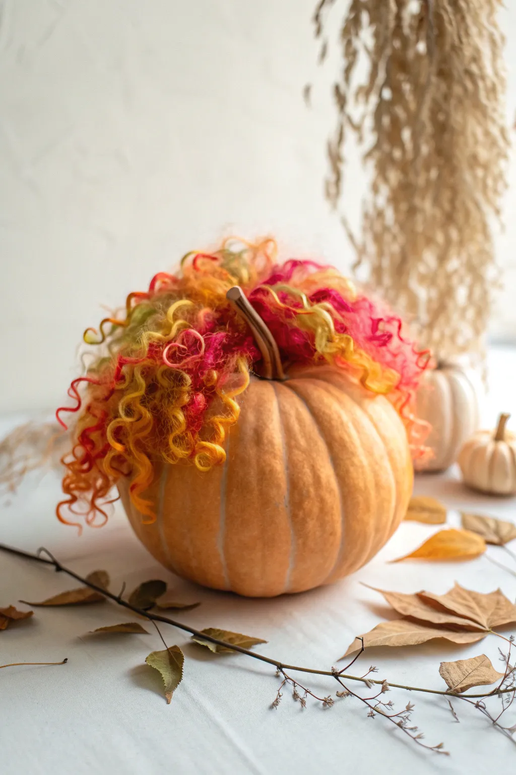 A quirky twist on autumn decor: Pumpkin with a playful wig!