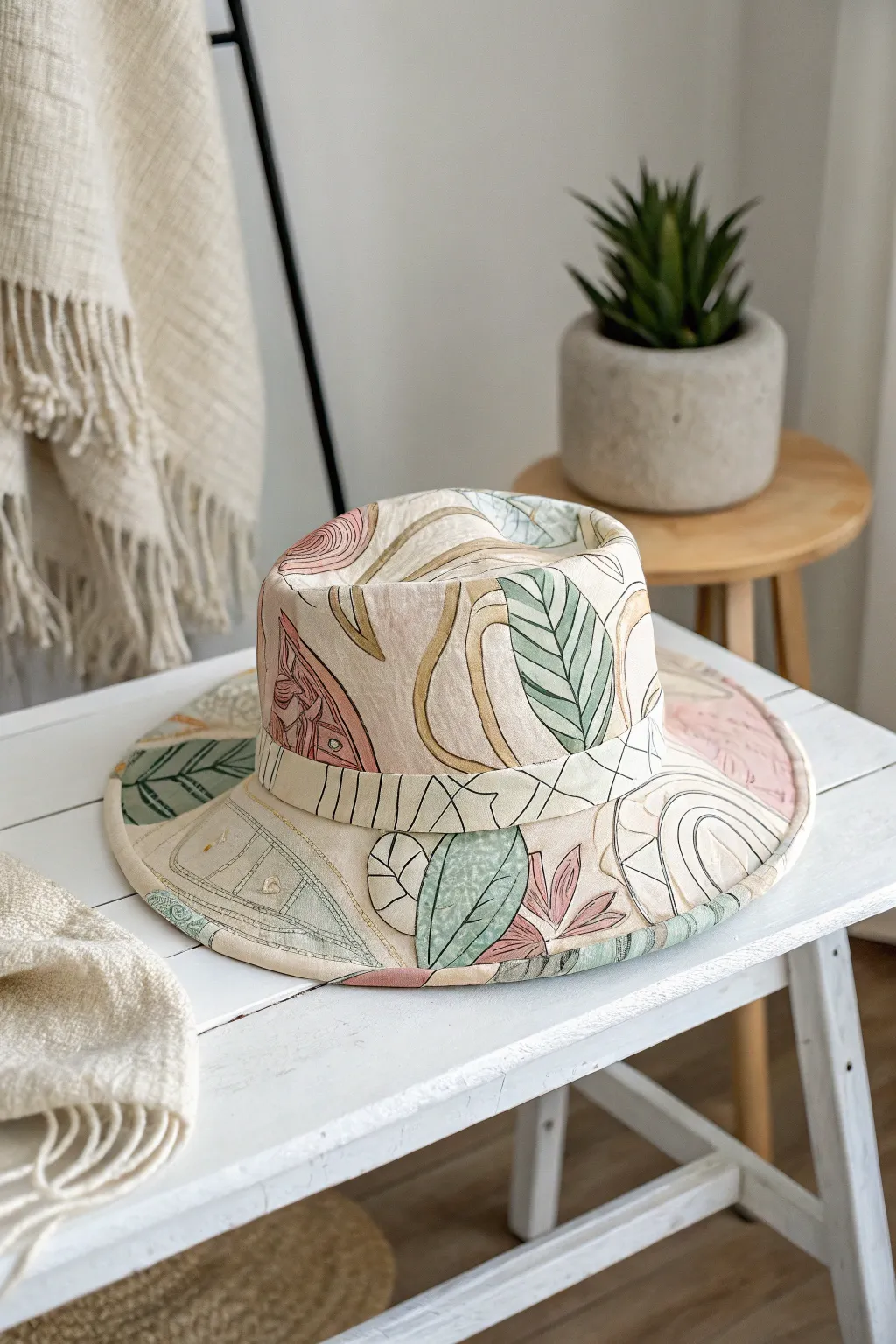 Express your creative side with this beautifully crafted abstract art hat - where Scandinavian minimalism meets Boho charm.