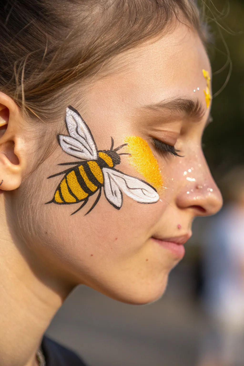 Embrace the buzz of summer with this stunning bee-inspired face paint design!