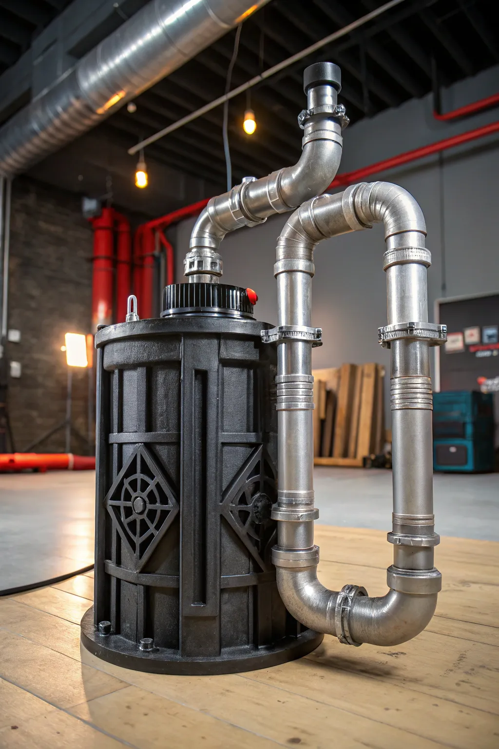Transform your space with an industrial edge: a sump pump cover crafted from bold, rugged pipes.