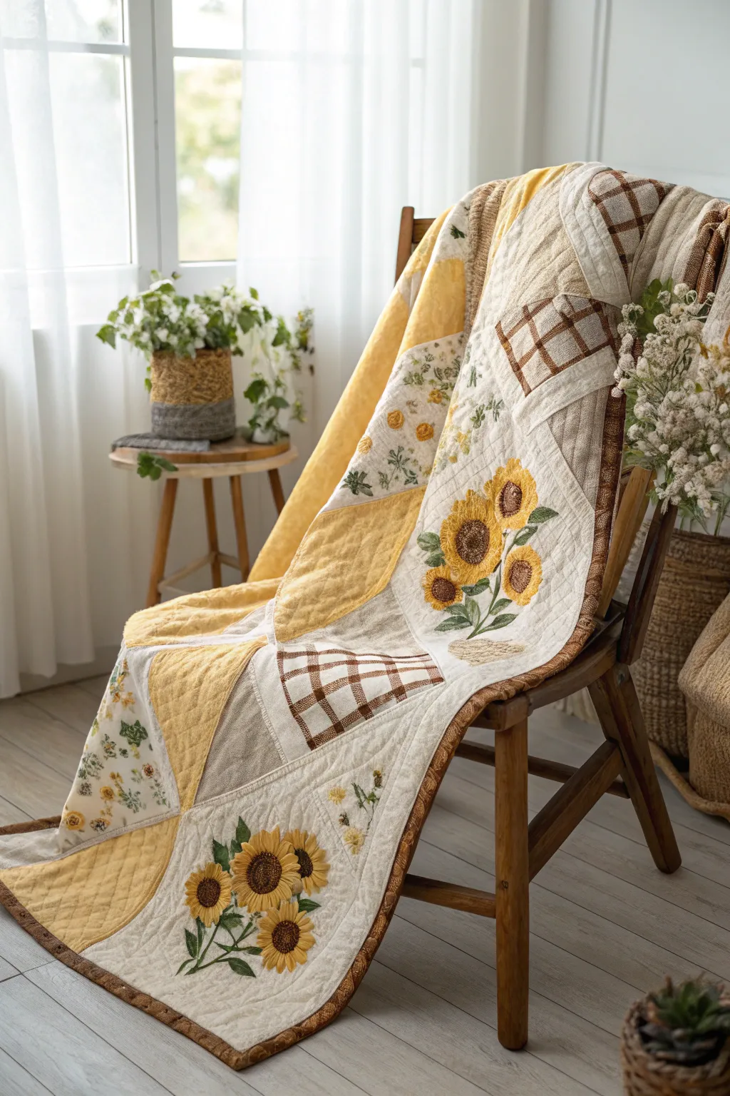 Embrace the warmth of summer with a sunflower and plaid quilt that adds a cozy, country charm to your home.