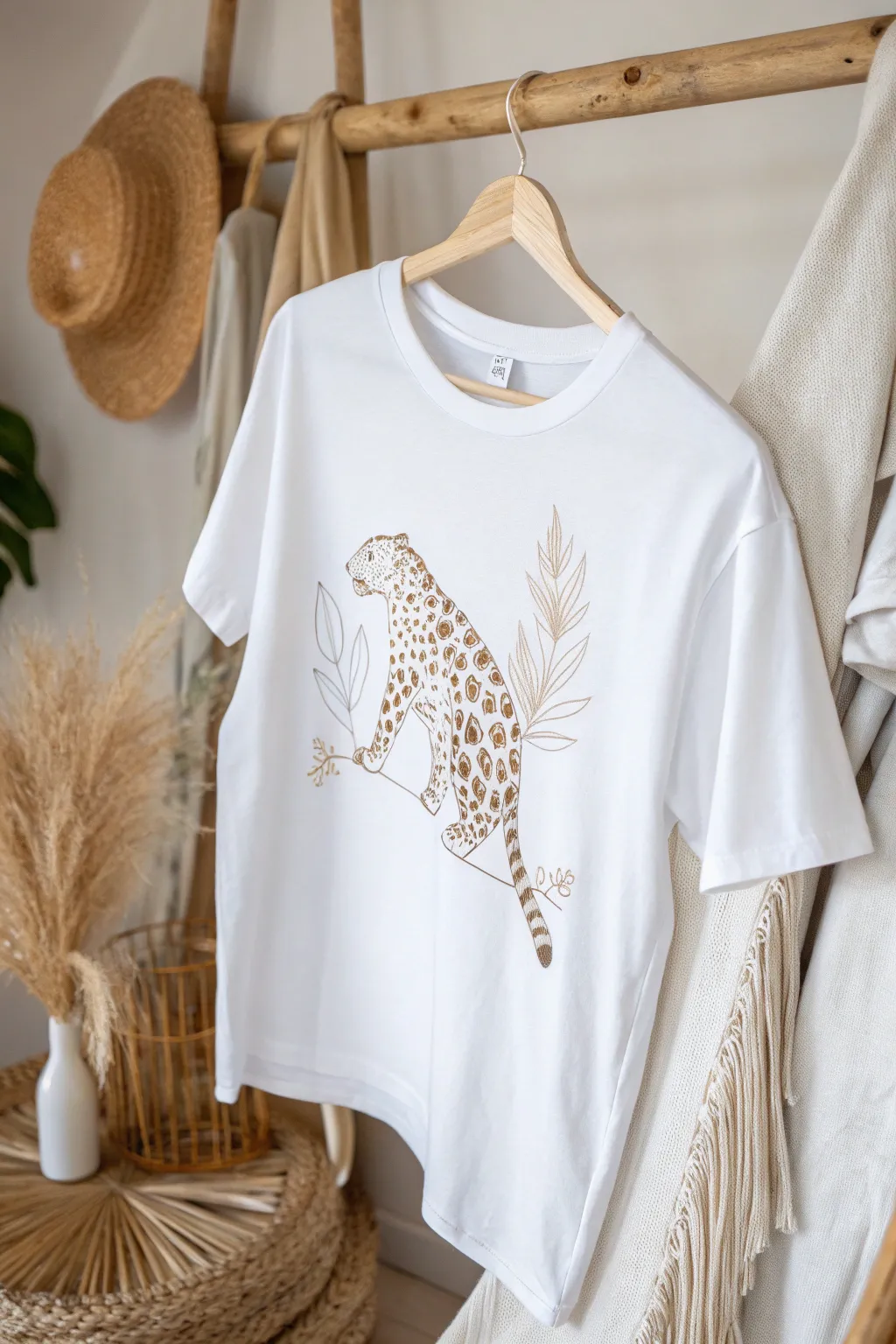 Unleash your wild side with handcrafted elegance: a minimalist leopard print t-shirt that speaks volumes.