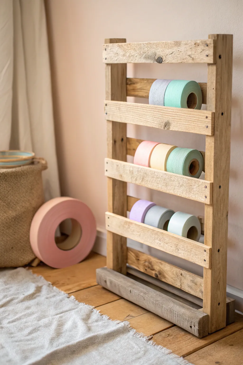 Transform your workspace with an eco-chic DIY pallet tape rack—minimalist beauty meets practical elegance.