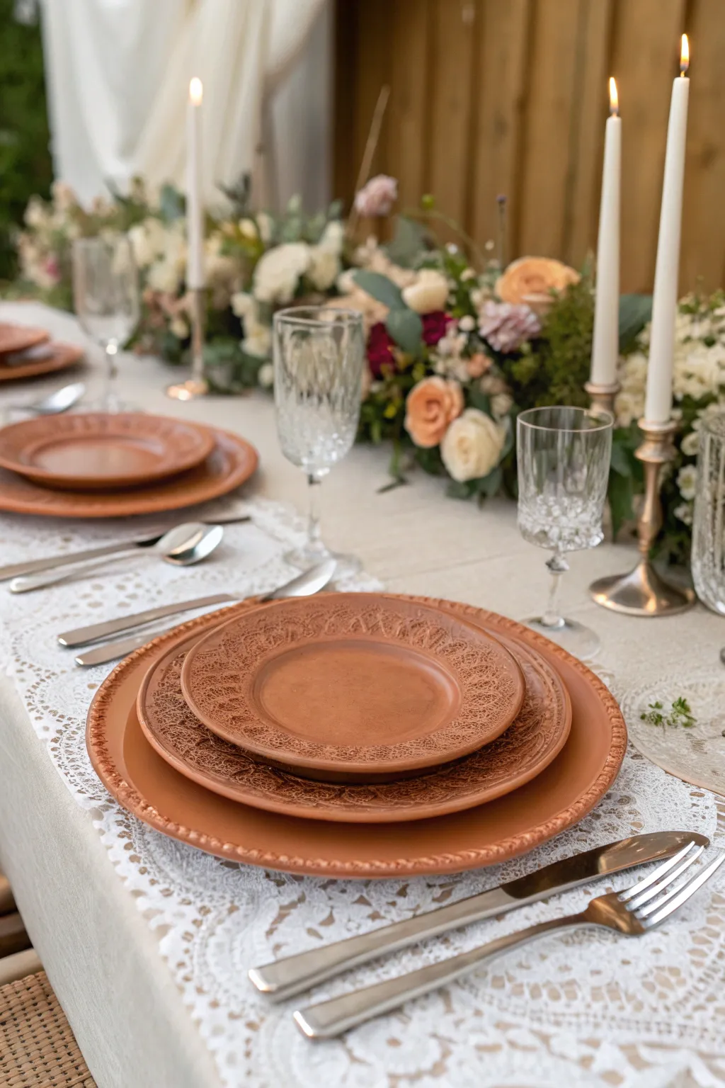 Terracotta charger plates add a pop of color to the table setting.