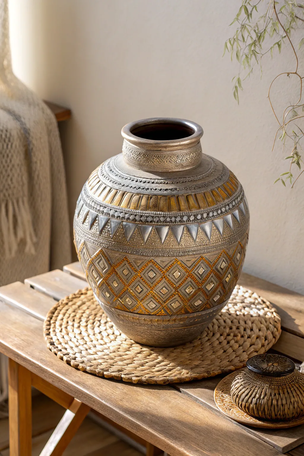 Elevate your space with the elegant charm of metallic accents on textured clay.