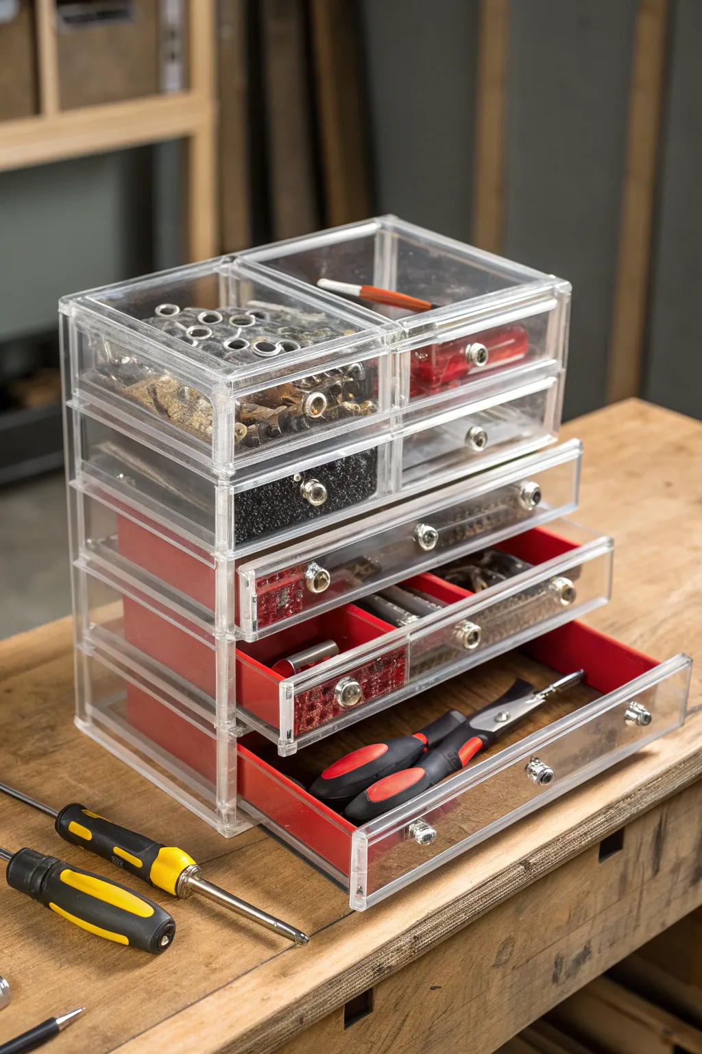 Maximize your workshop efficiency with clear, stackable drawers—spot your tools at a glance!
