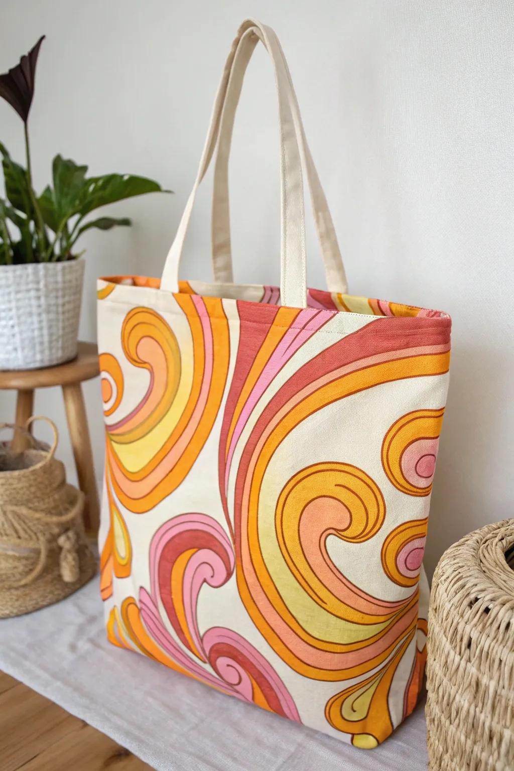 Embrace the charm of the 70s with this vibrant retro tote bag, perfect for adding a playful touch to any outfit.