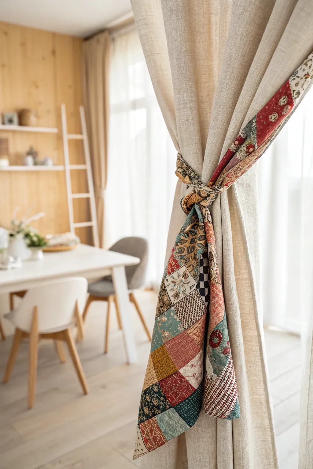 Transform your curtains with a touch of eco-friendly elegance using patchwork tie-backs made from fabric scraps.