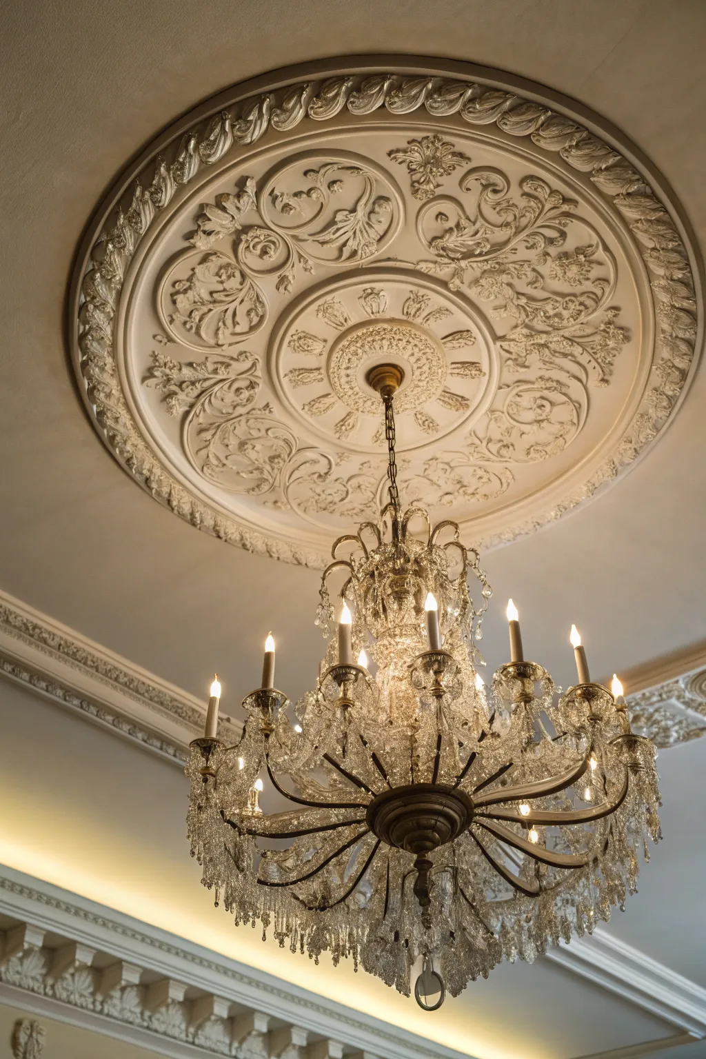 Ceiling medallions highlight lighting fixtures.
