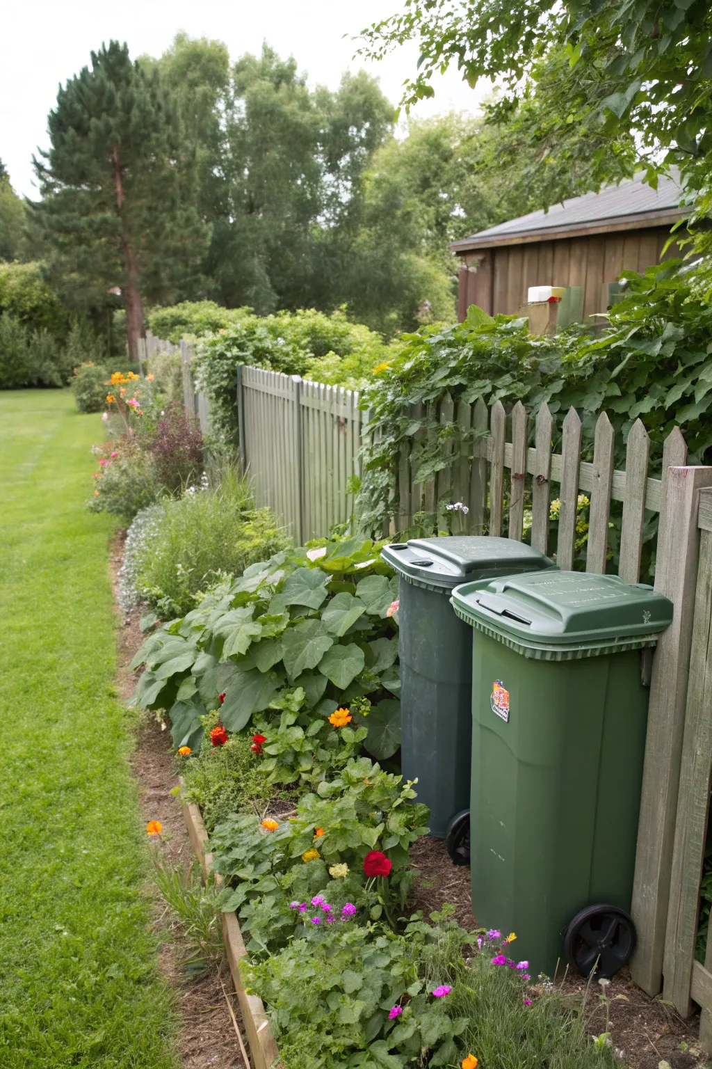 A garden with privacy fencing discreetly hiding trash bins.