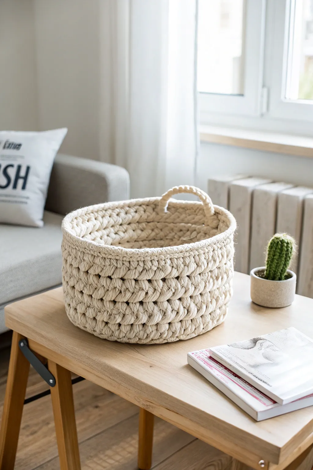 Transform old t-shirts into a chic yarn basket—an elegant blend of sustainability and style.
