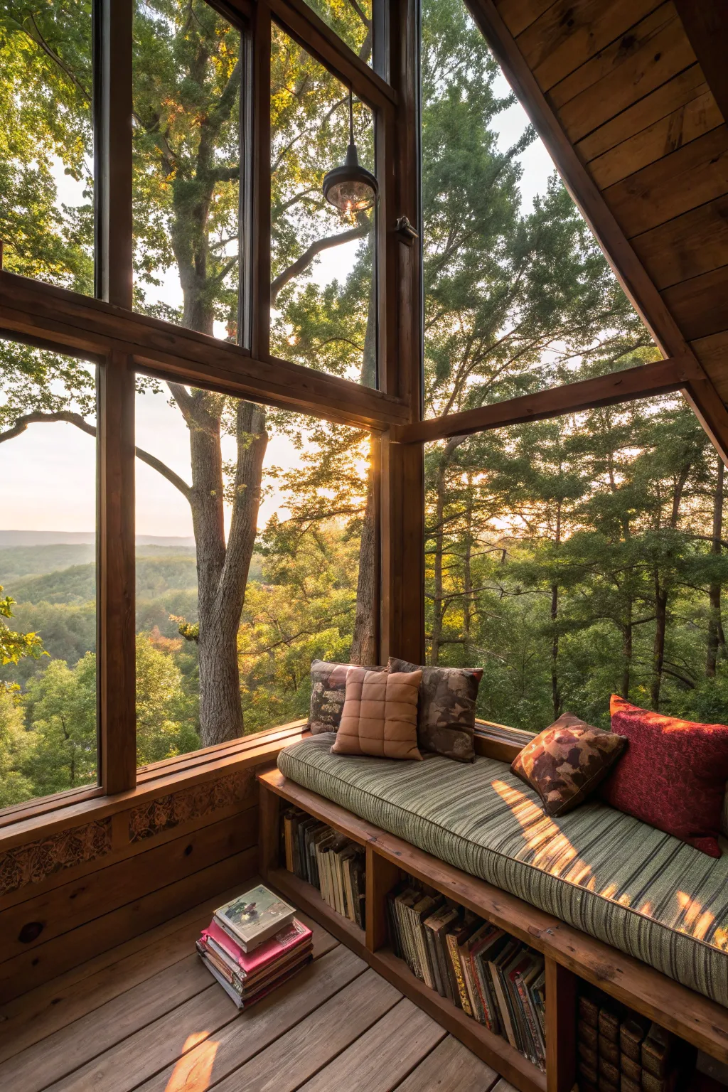Escape into nature with this stunning window-filled tree house nook, where craftsmanship meets tranquility.
