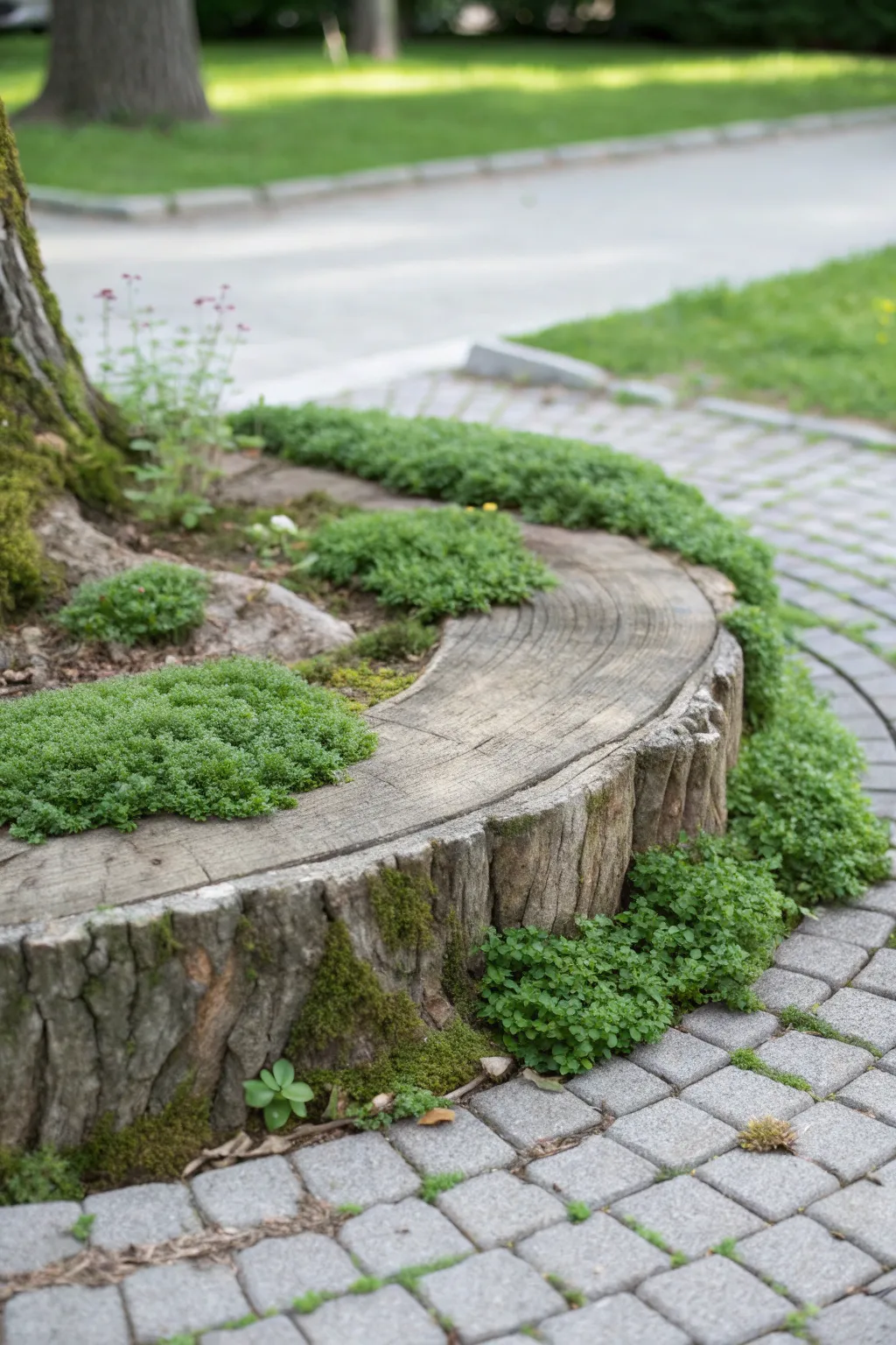 Embrace nature's elegance with a minimalist tree ring adorned with aromatic creeping thyme.