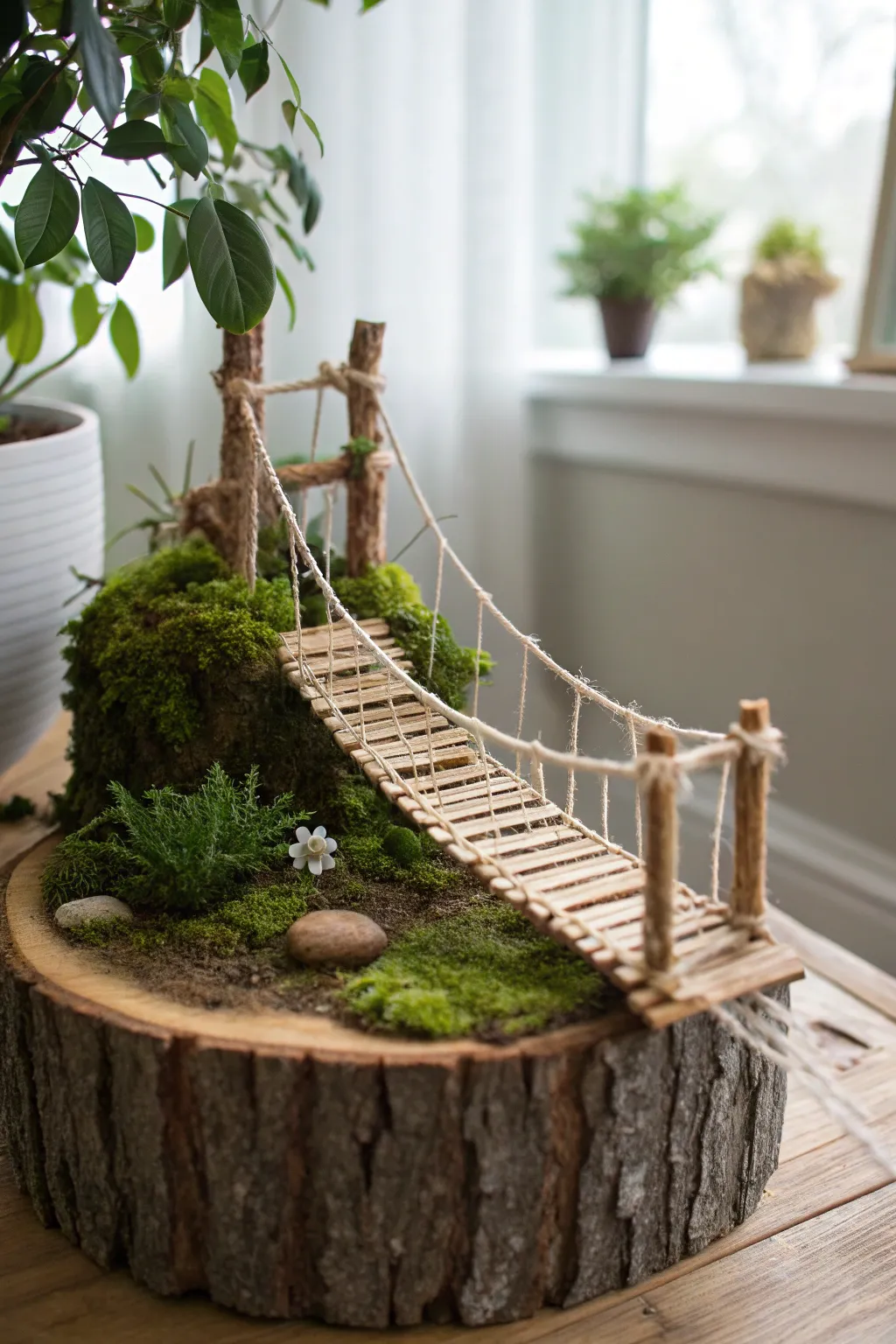 Step into a world of wonder with this enchanting swinging bridge, perfect for your fairy garden dreams.