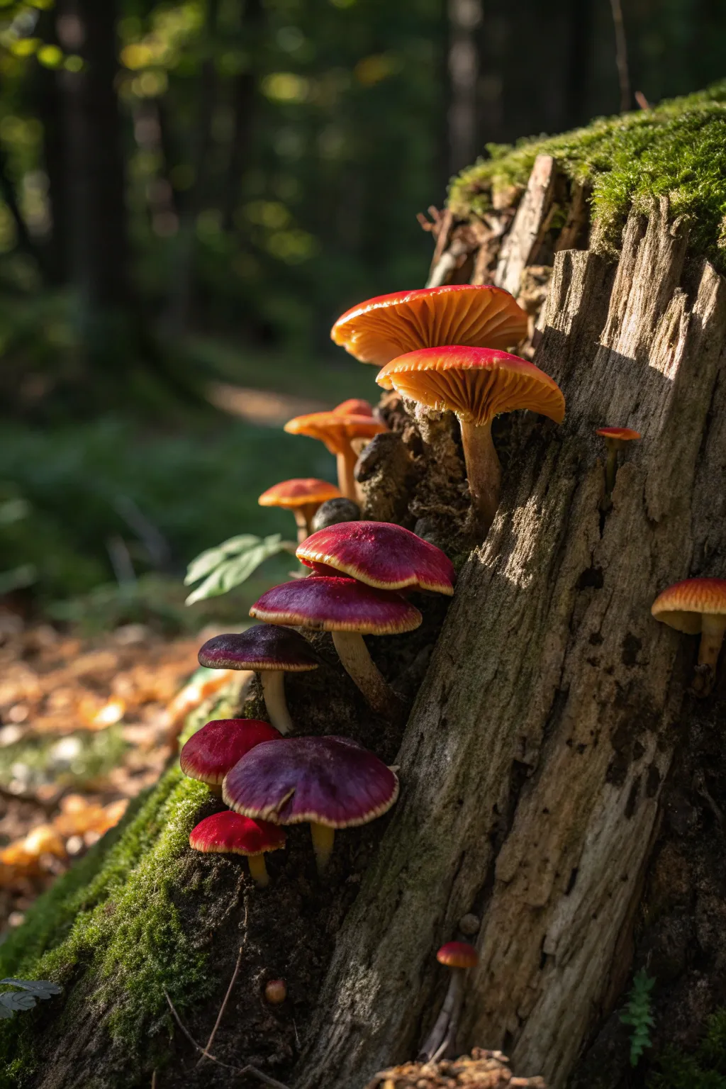 Discover the artistry of nature with this fungi wonderland blooming on a rustic tree stump.