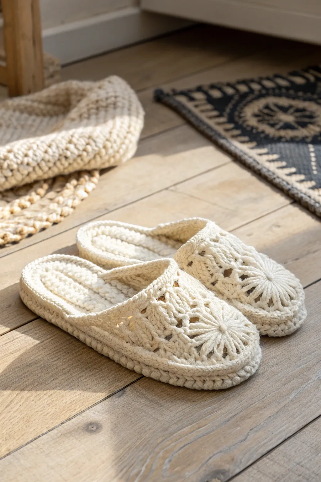 Cozy up with these chic crochet slippers – the perfect blend of comfort and style.