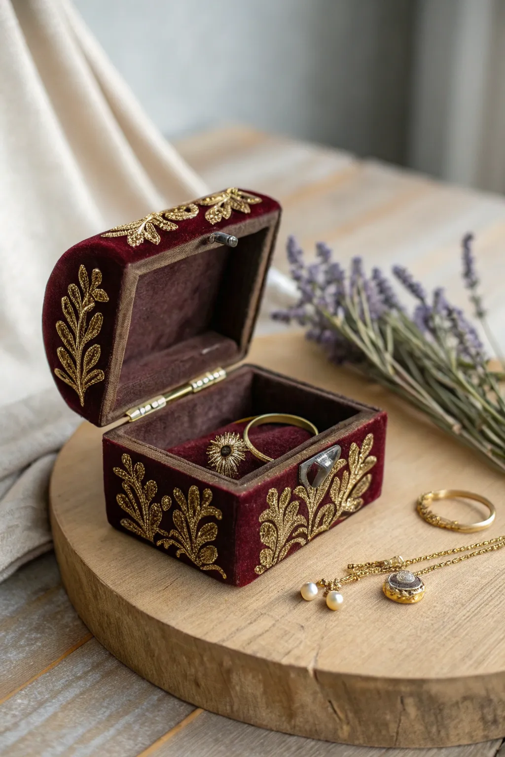 Add a touch of elegance to your trousseau with a vintage velvet jewelry box—where timeless beauty meets modern simplicity.