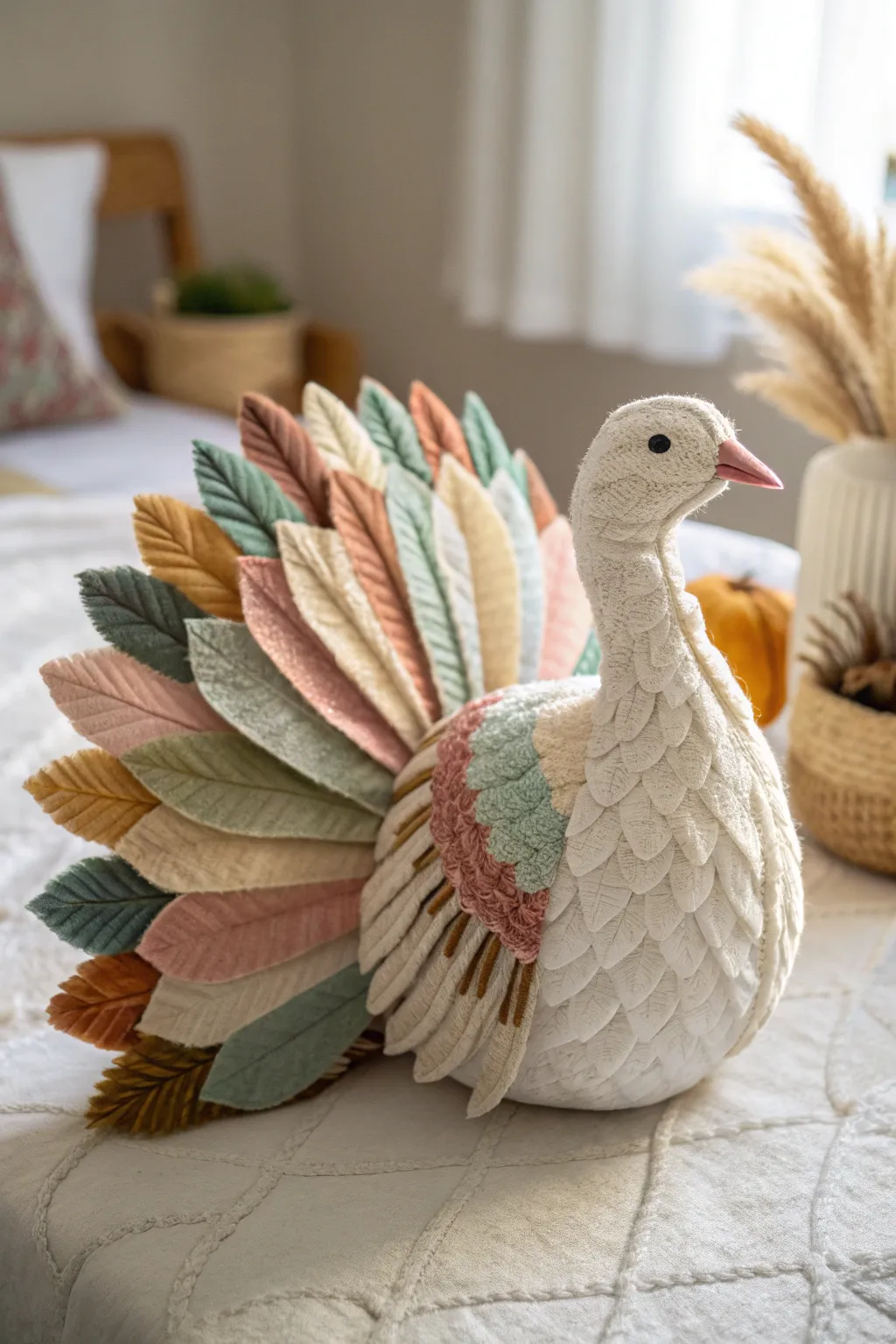 Transform your table with a handcrafted fabric scrap turkey centerpiece, where simplicity meets vibrant charm.