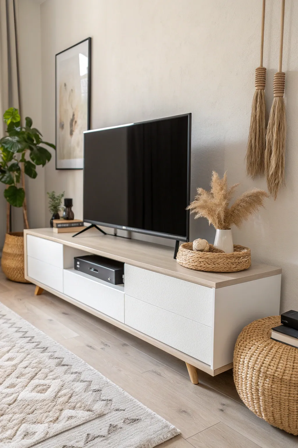 Elevate your space with a sleek composite TV riser - where modern meets minimalism with a touch of boho charm.