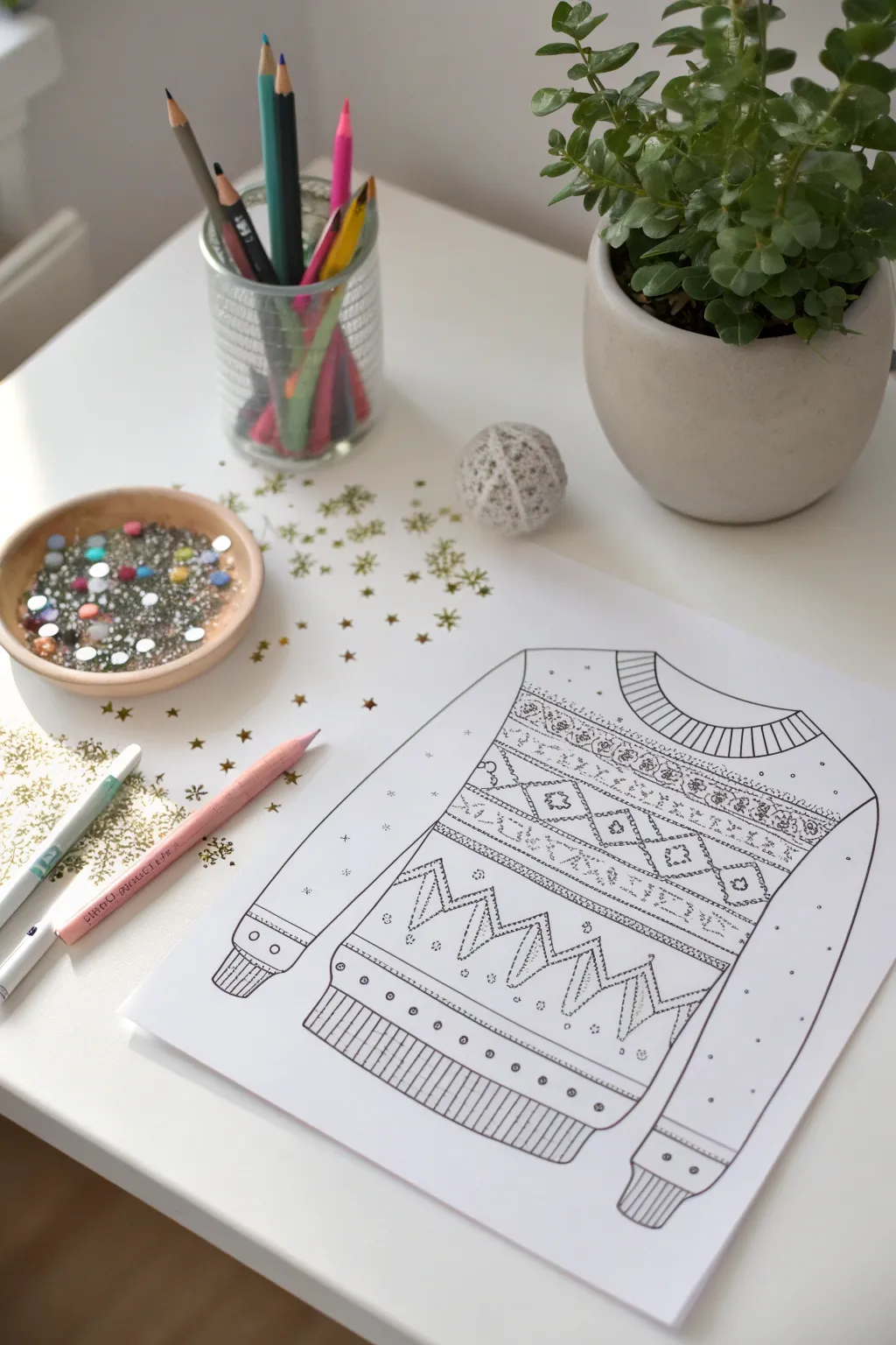 Add a touch of glitter and glam to your holiday crafts with this chic ugly sweater coloring page!