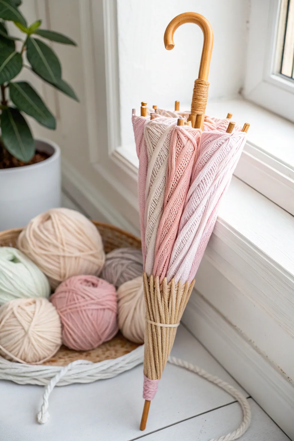 Crafting warmth on a rainy day: Embrace simplicity with yarn-wrapped umbrella art.