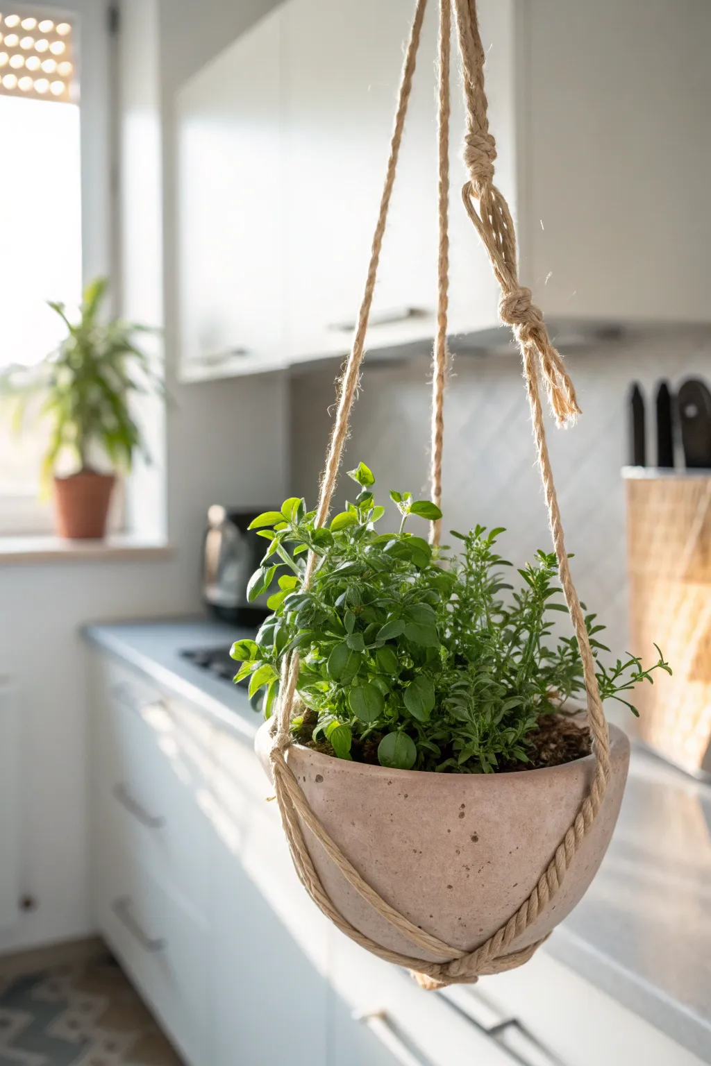 Elevate your kitchen style with floating greenery: a minimalist clay pot with boho charm.
