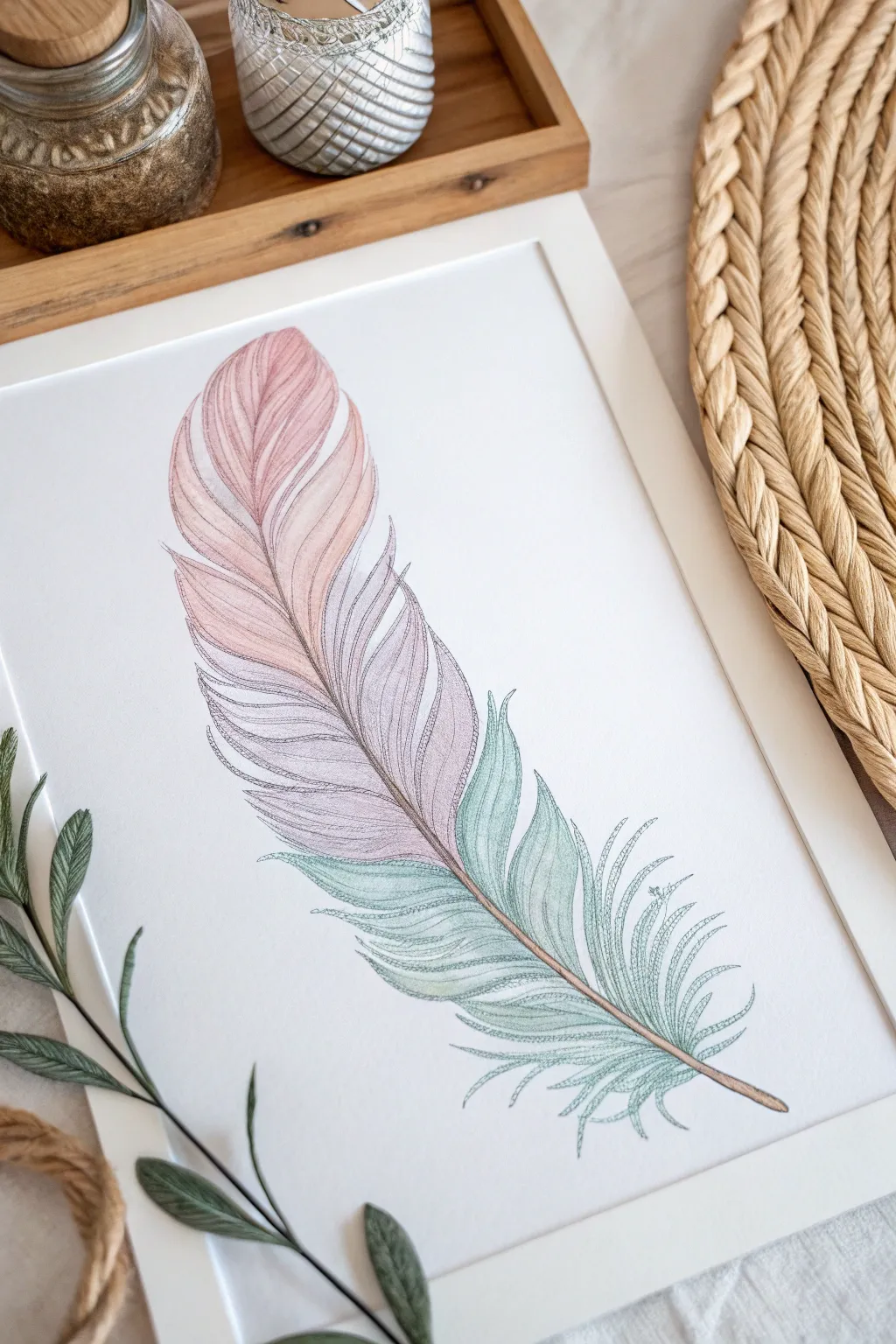 Embrace serenity with pastel-hued feather art, perfect for a tranquil touch in your minimalist space.