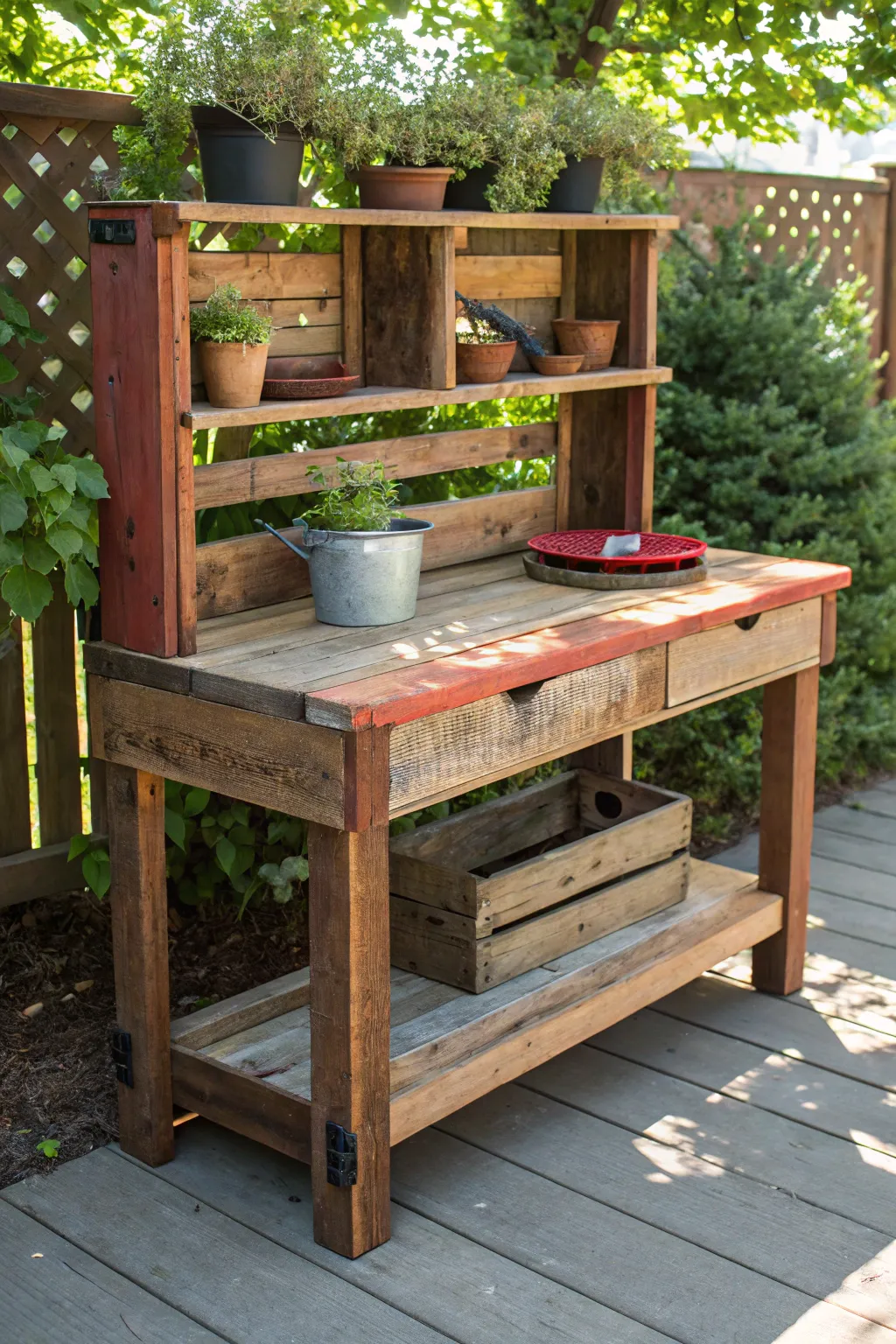Transform your garden with a rustic potting bench made from reclaimed barn wood, exuding warmth and farmhouse flair.