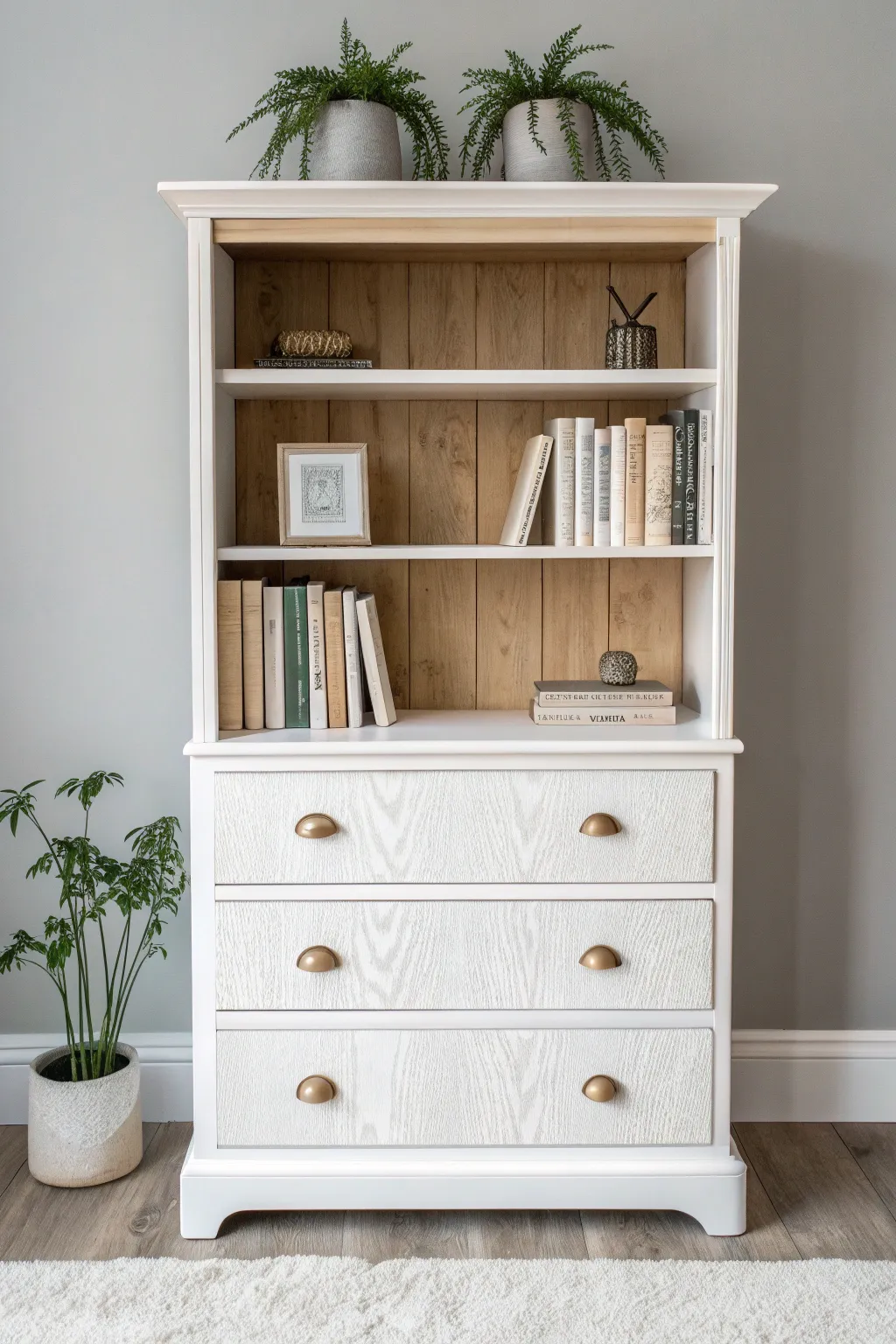 Transform your space with a unique bookshelf that blends minimalist style with boho flair. #UpcycledDresser #ScandinavianDesign #BohoChic