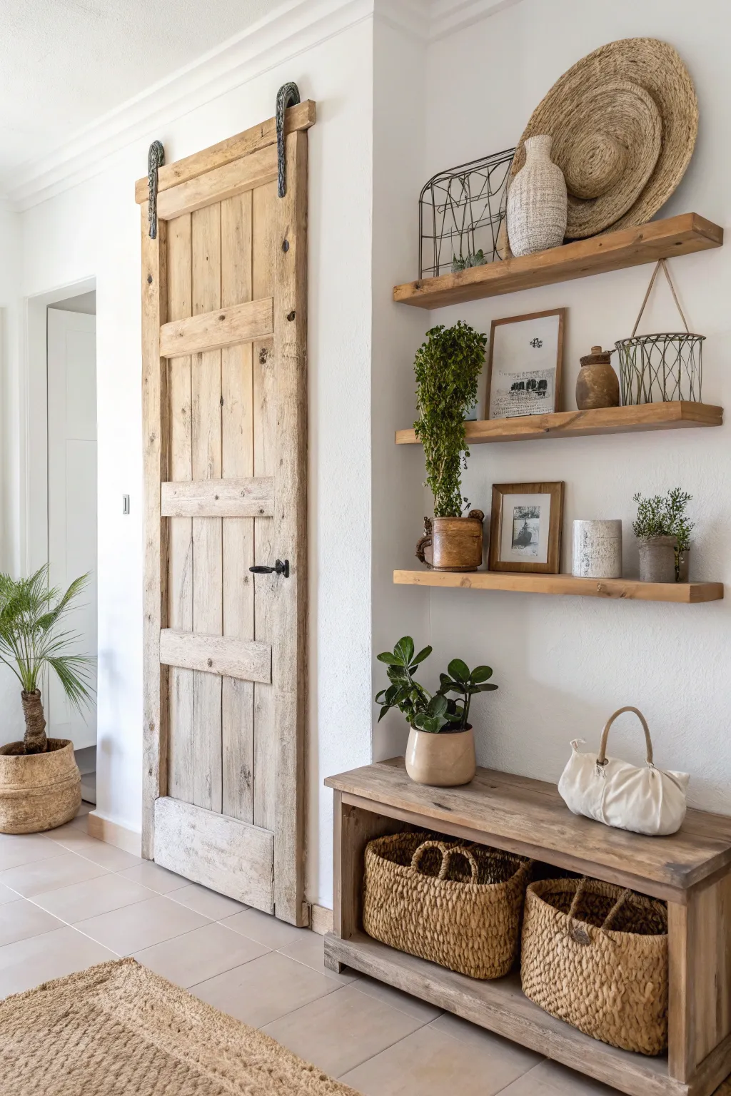Transform old doors into stunning shelves that blend minimalist charm with boho elegance. #UpcycledBeauty #ScandiBoho