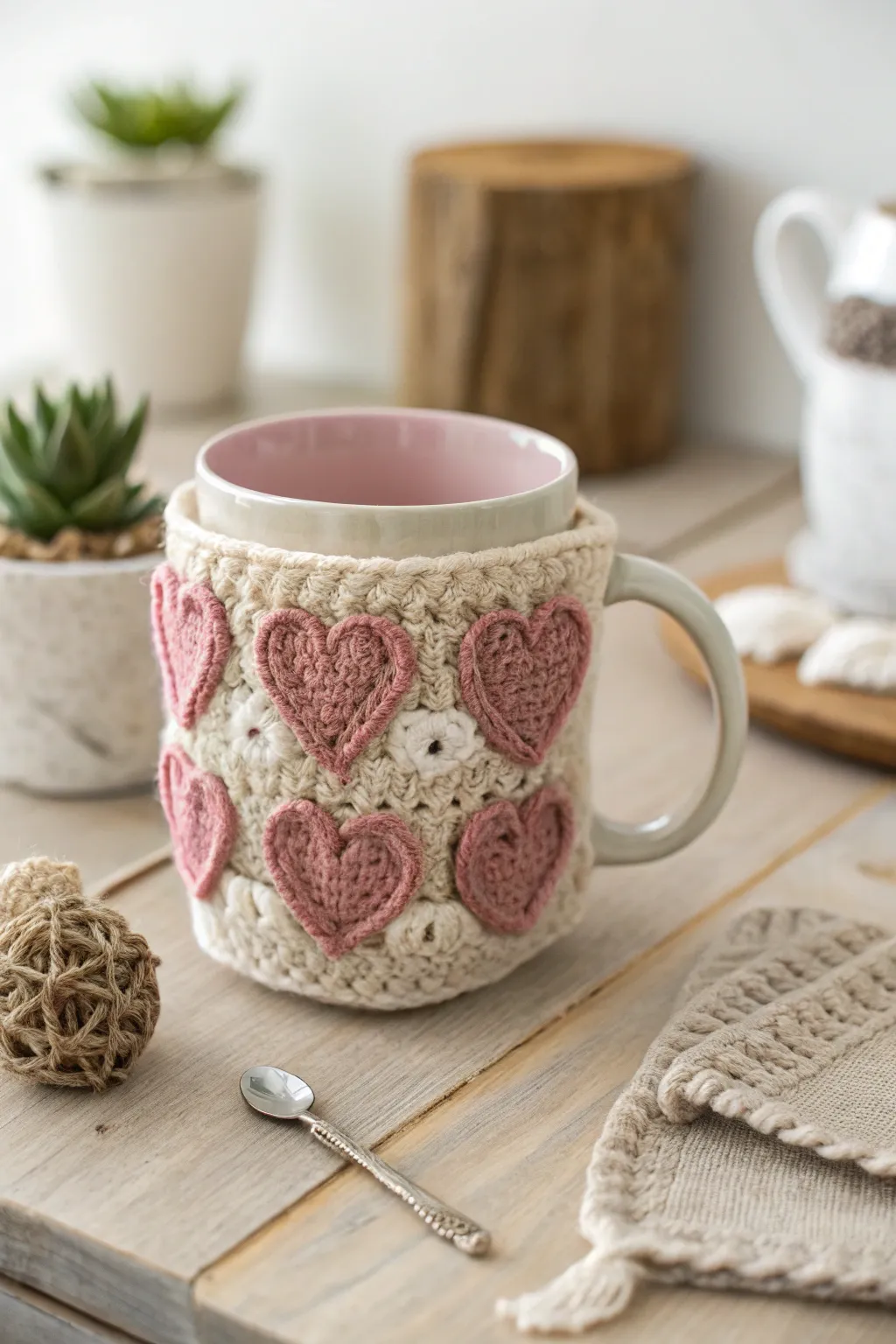 Wrap your mug in love with this heart motif crochet cozy, perfect for a cozy tea time.