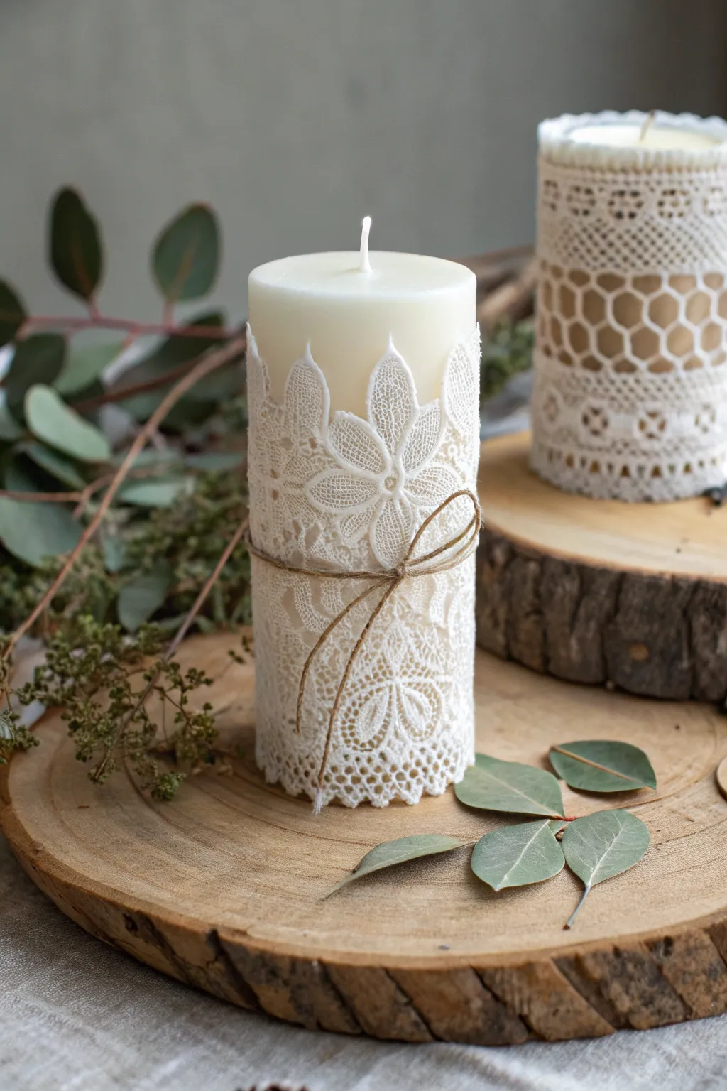 Elegance in Simplicity: Lace-wrapped candles for a timeless Valentine's Day ambiance.