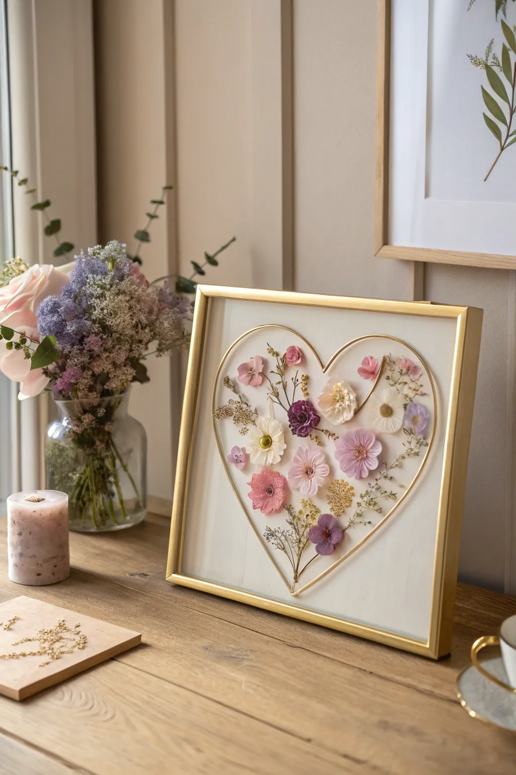 Add a touch of elegance and natural beauty to your space with this DIY pressed flower heart, perfect for cherishing memories year-round.