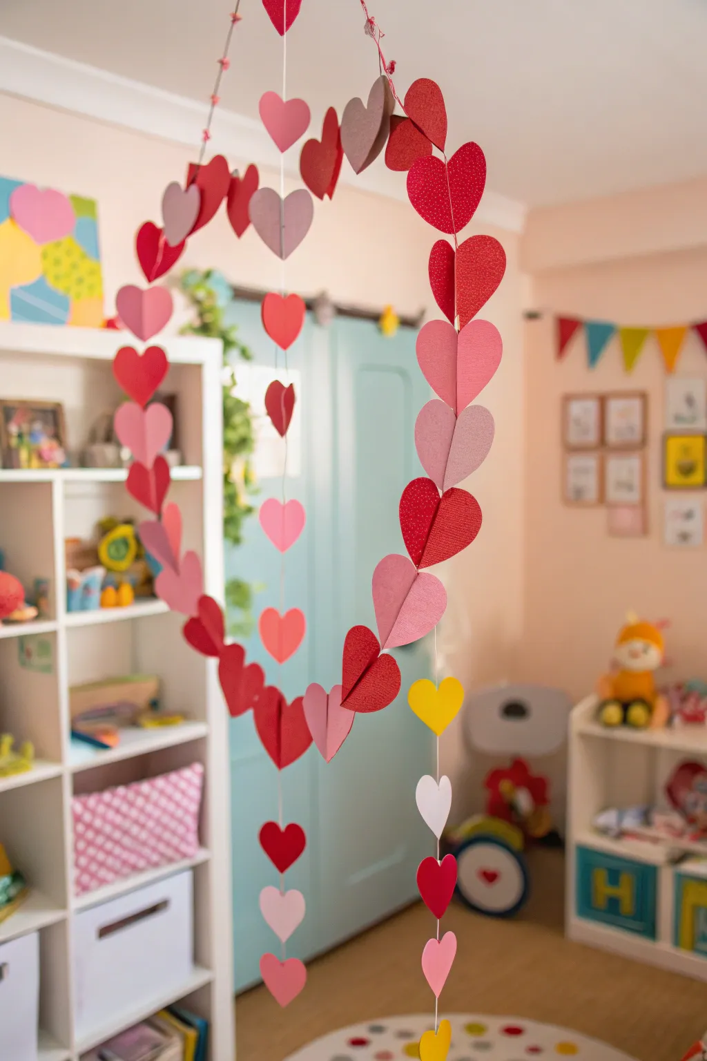 Paper heart garlands offer a simple and charming wreath idea.
