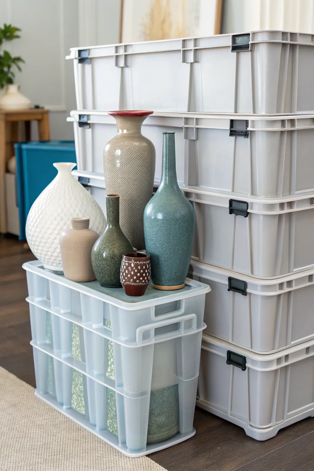Stackable containers provide efficient vertical storage for vases.