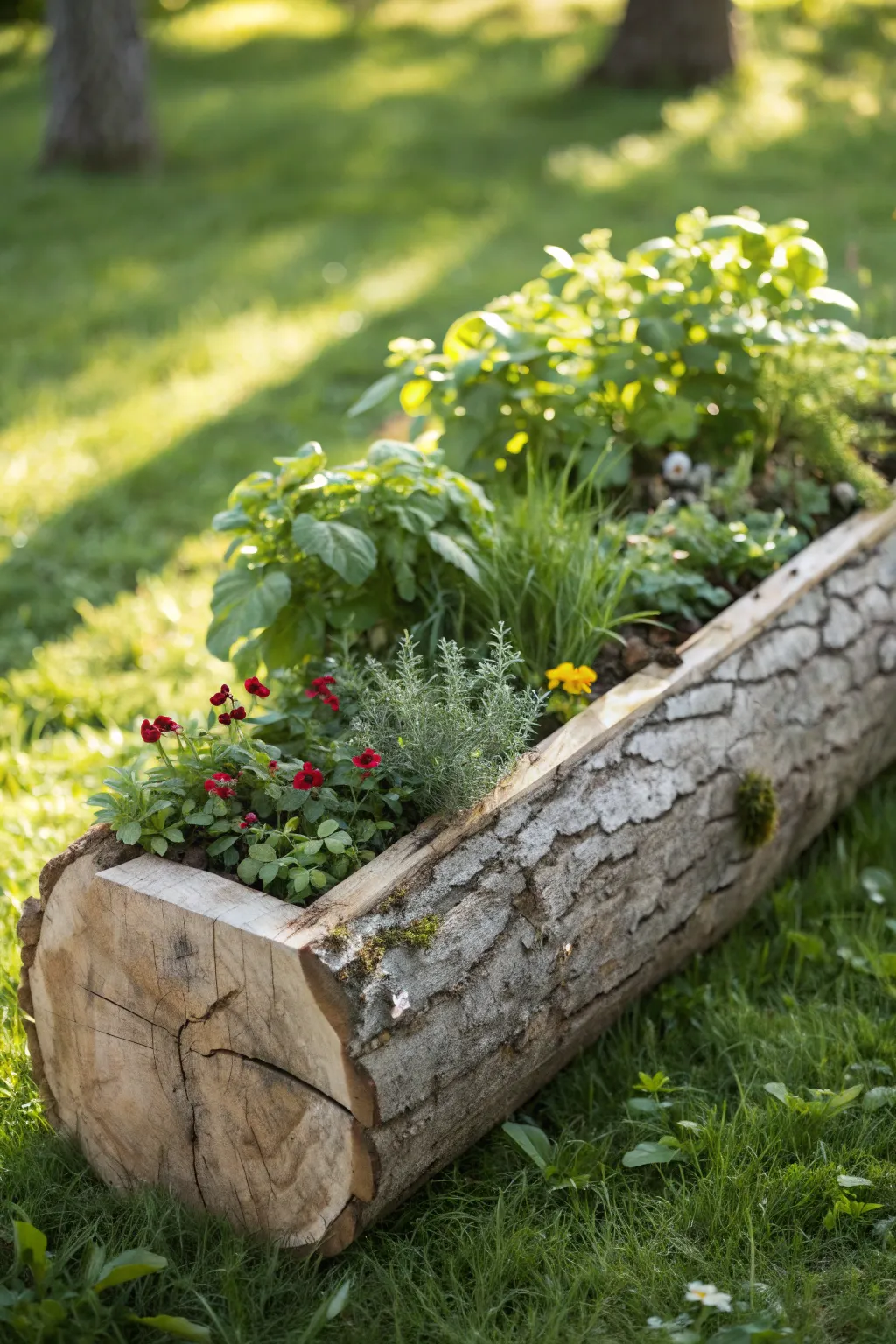Embrace nature with a rustic log planter box, where simplicity meets natural elegance.