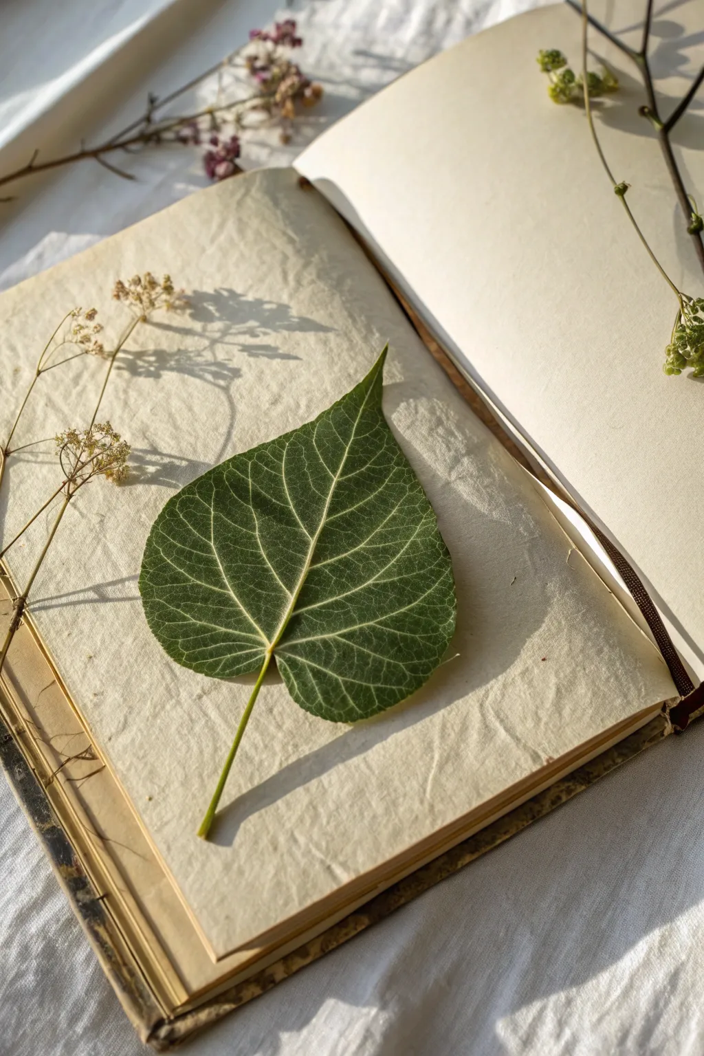 Capture nature's elegance with pressed leaves in your vintage scrapbook.