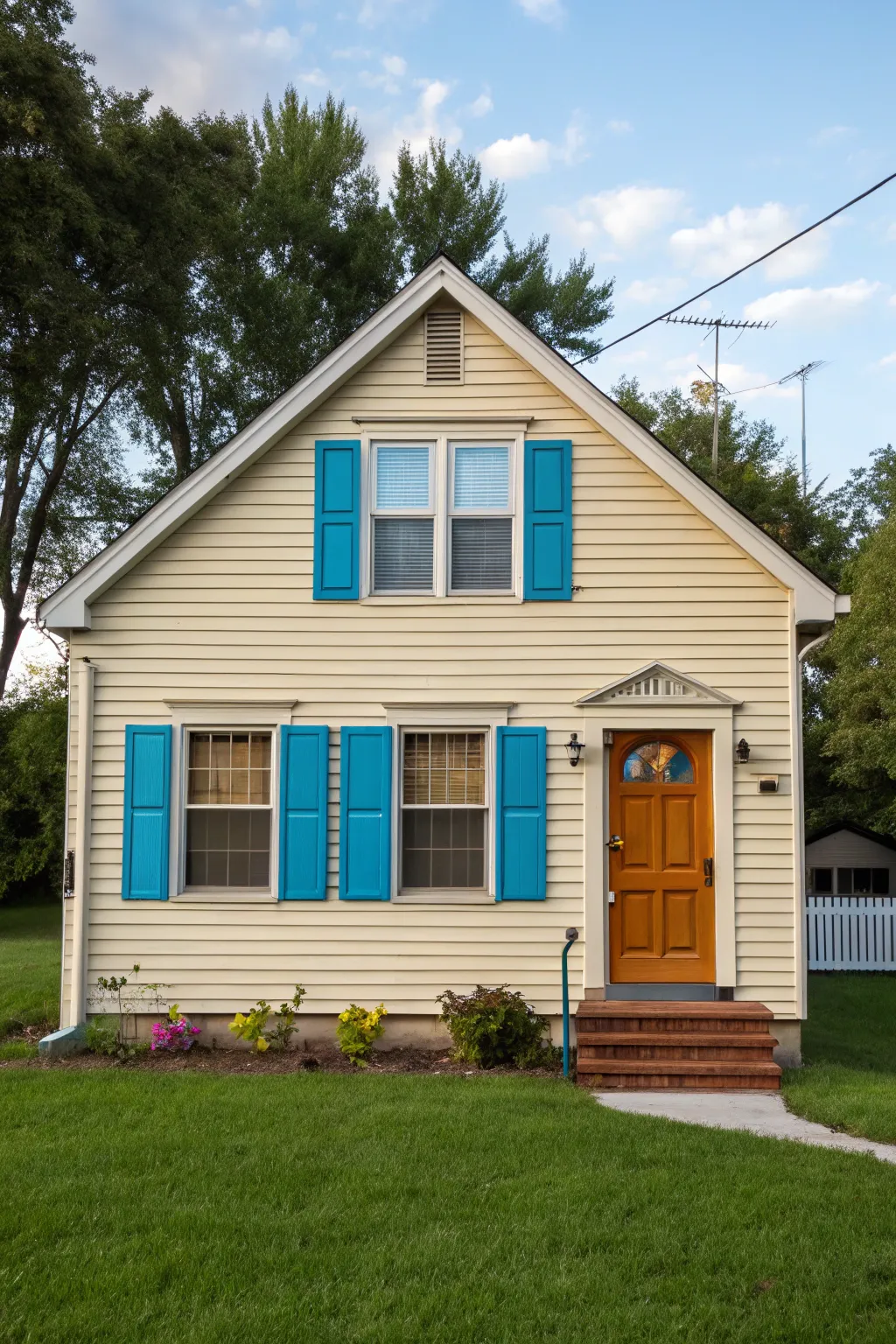 Shutters add charming accents to windows.
